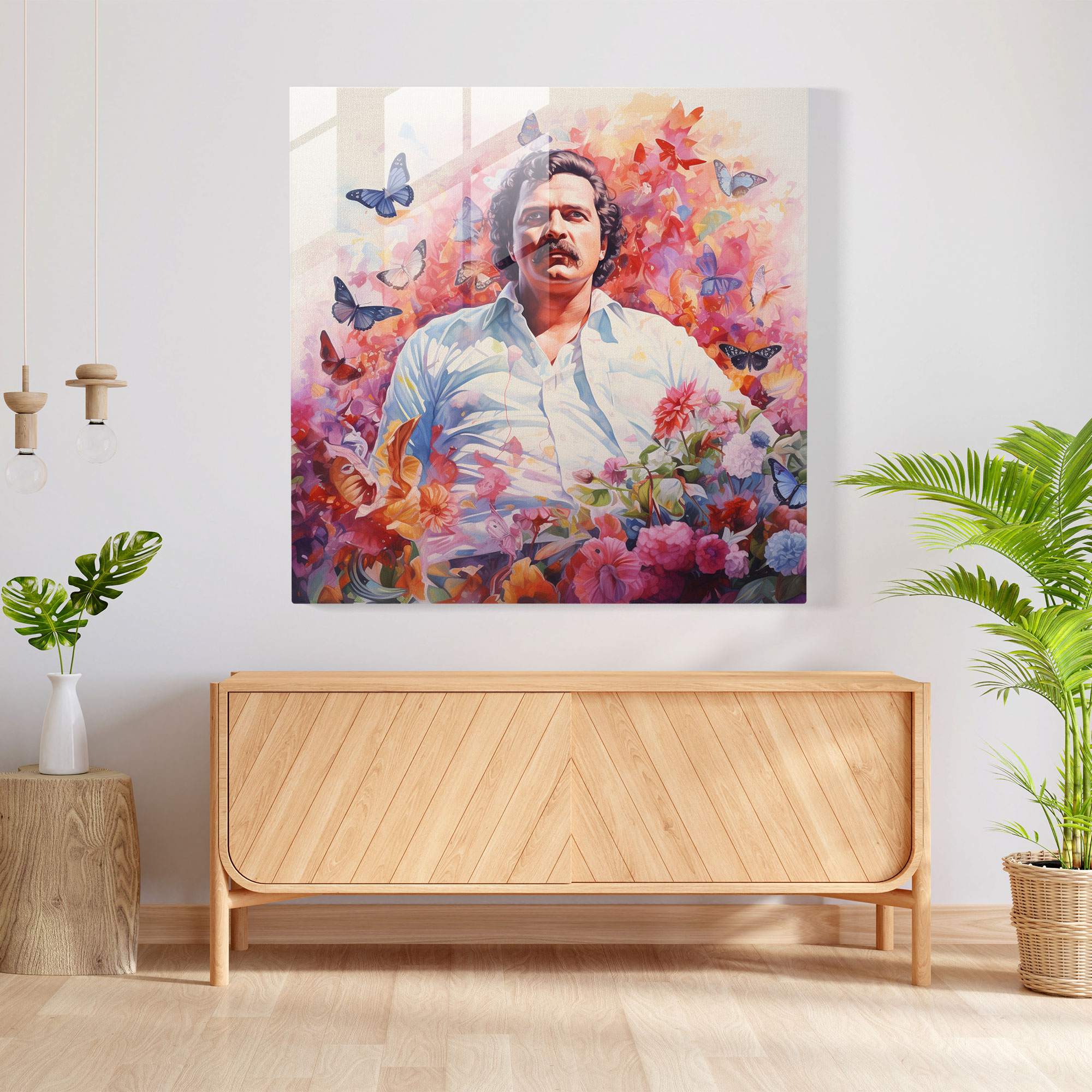 Pablo Escobar Cam Tablo - Çiçek Motifli Suluboya Tablo - Pablo Escobar Modern Sanat Ev Dekorasyonu Cam Duvar Sanatı