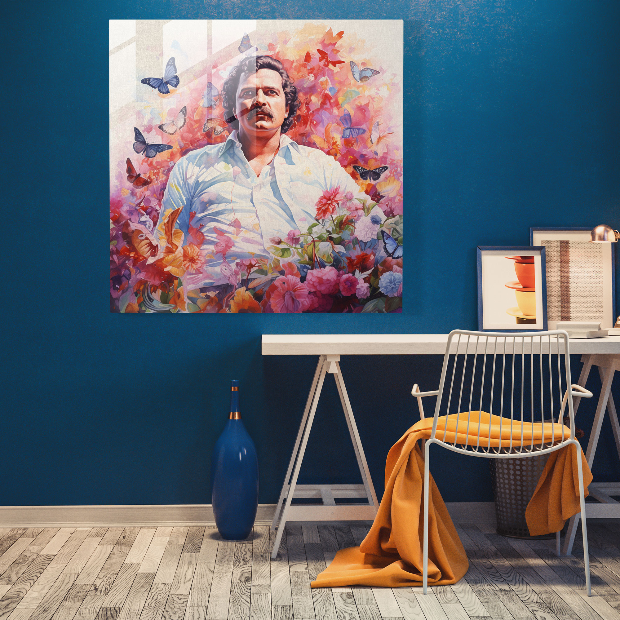 Pablo Escobar Cam Tablo - Çiçek Motifli Suluboya Tablo - Pablo Escobar Modern Sanat Ev Dekorasyonu Cam Duvar Sanatı