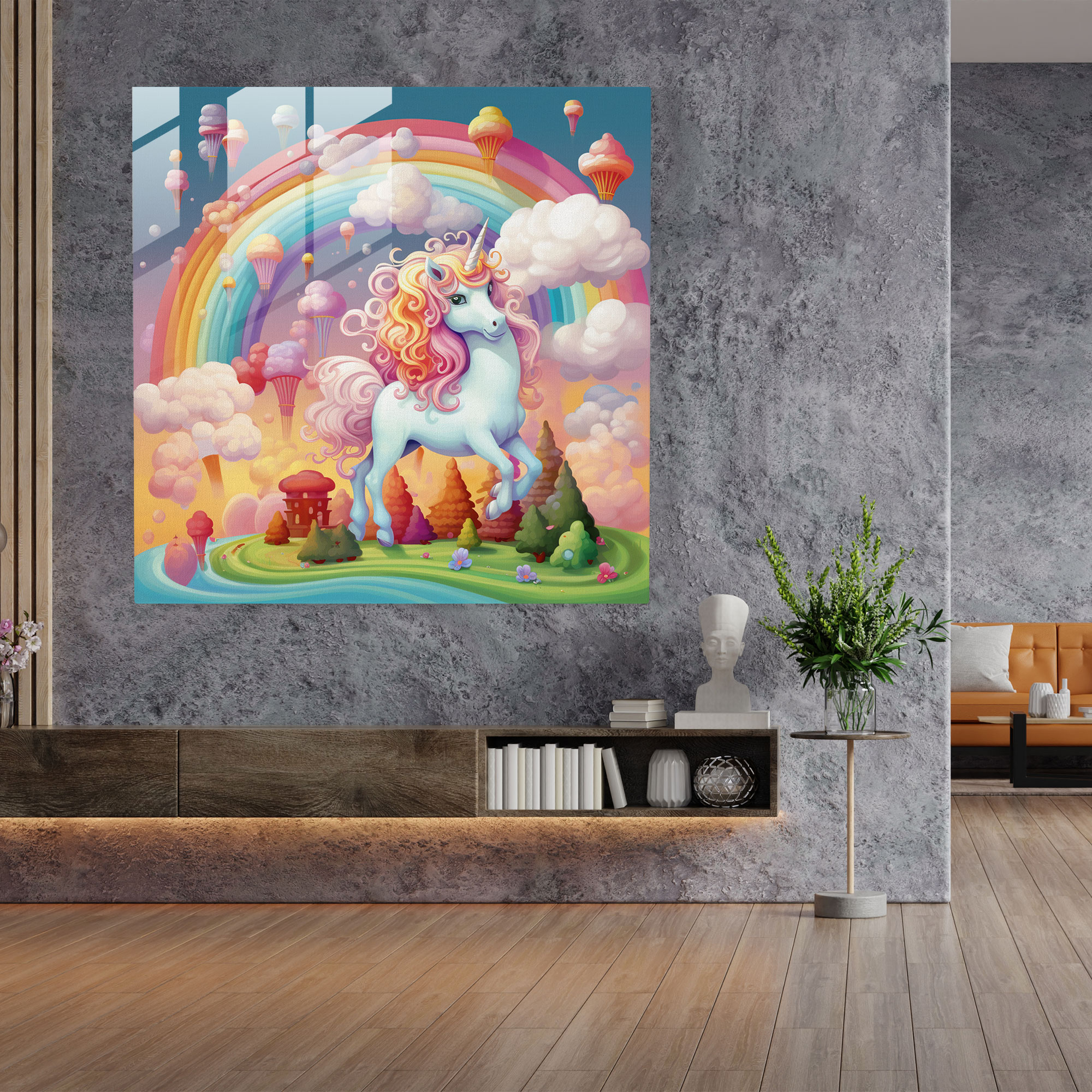 Büyülü Pastel Gökküşağı Cam Tablo - Pastel Sihir Uçan Unicornlar Pastel Gökküşağı