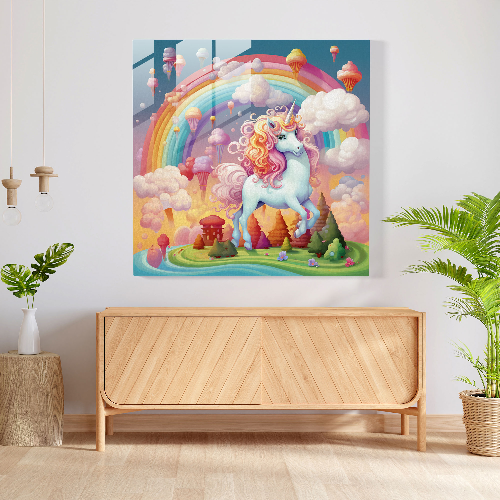 Büyülü Pastel Gökküşağı Cam Tablo - Pastel Sihir Uçan Unicornlar Pastel Gökküşağı