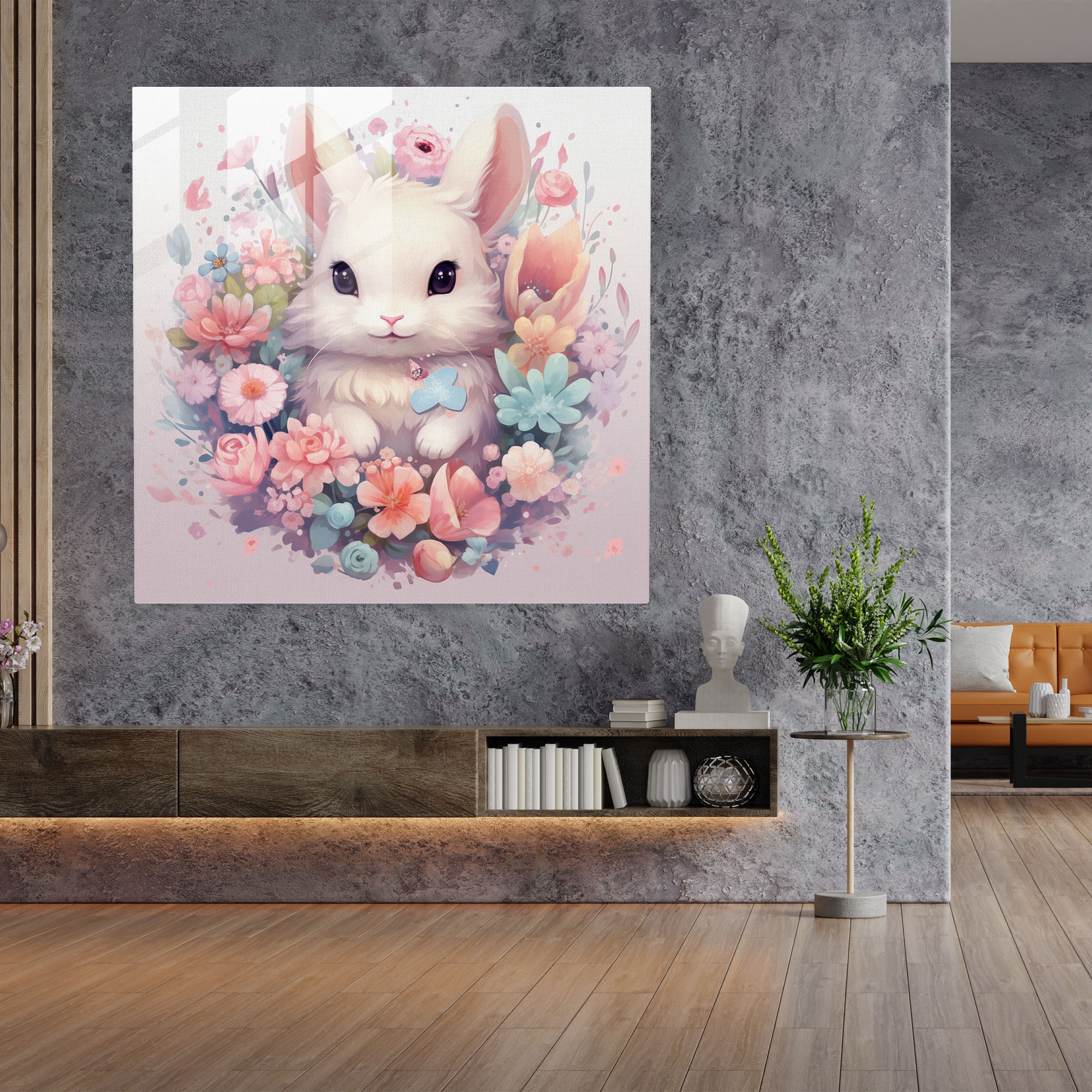 Masalsı Tavşan Cam Tablo - Pastel Ev Dekorasyonu Cam Duvar Sanatı