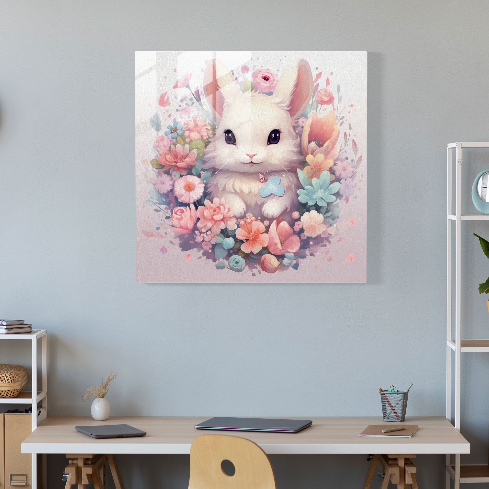 Masalsı Tavşan Cam Tablo - Pastel Ev Dekorasyonu Cam Duvar Sanatı
