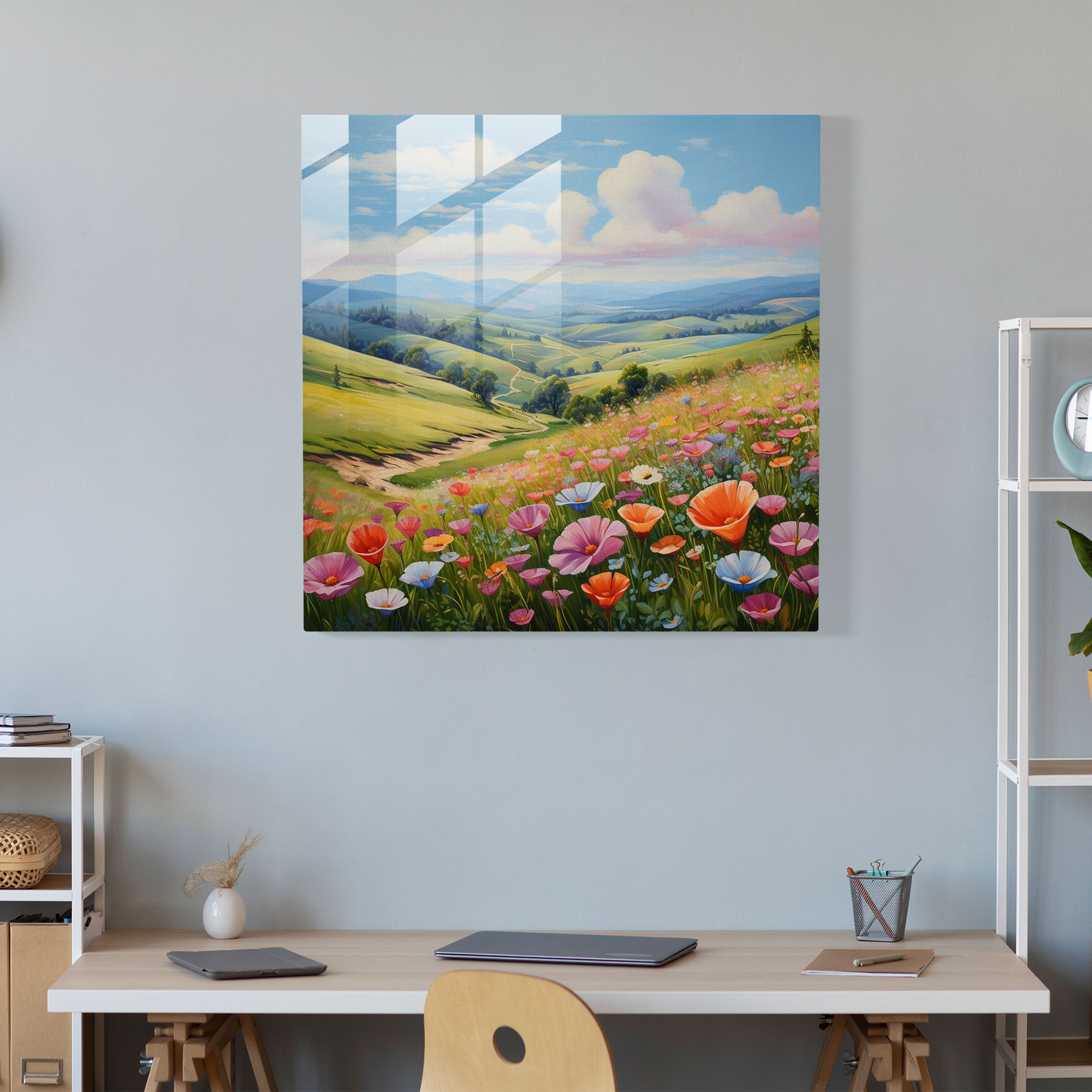 Pastel Meadows Glass Print - Pastel, Colorful Wildflowers, Modern Art, Home Decoration