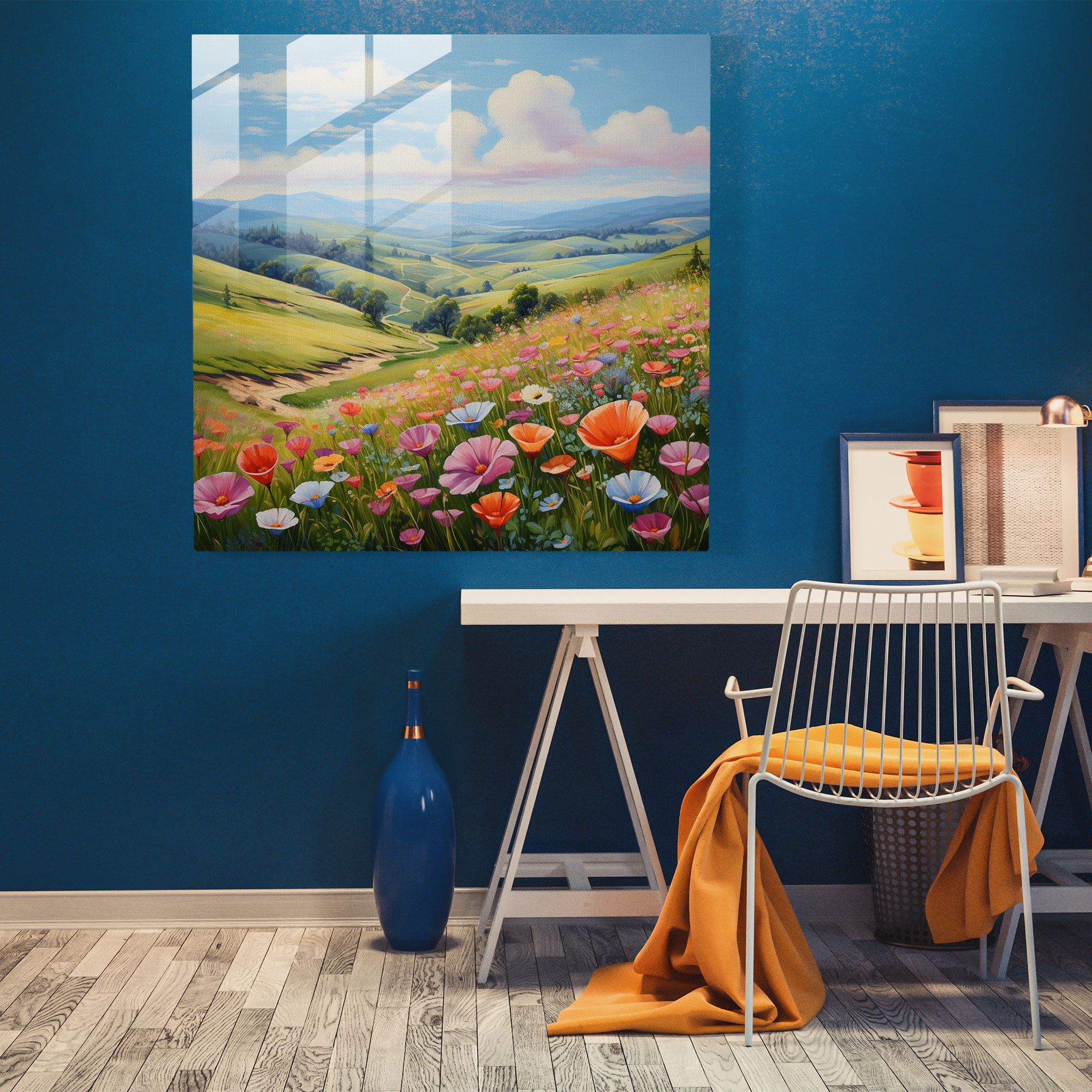 Pastel Meadows Glass Print - Pastel, Colorful Wildflowers, Modern Art, Home Decoration