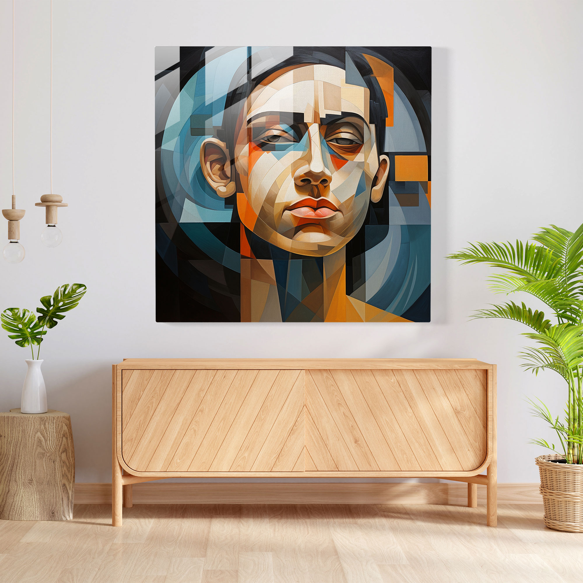 Abstract Cubist Glass Print - Portrait, Home Decoration, Dynamic Composition, Modern Art