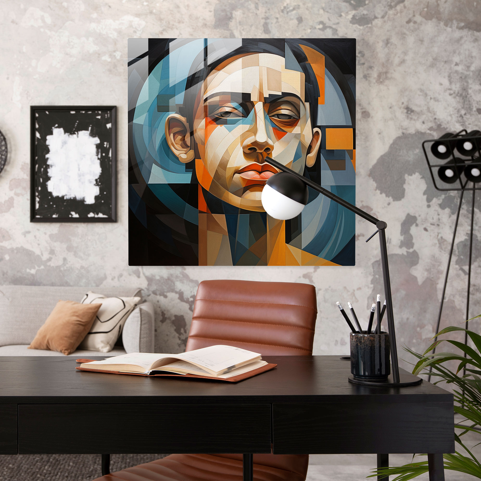 Abstract Cubist Glass Print - Portrait, Home Decoration, Dynamic Composition, Modern Art