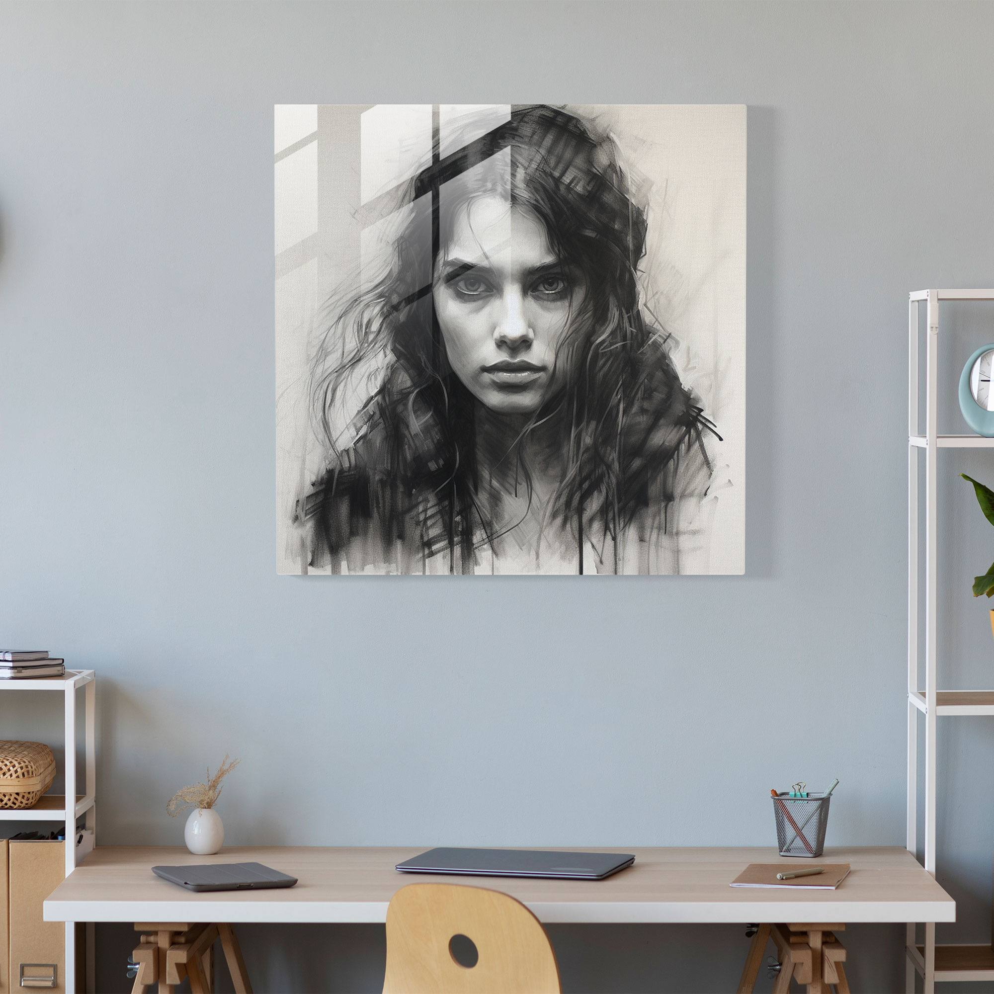 Cam Tablo - Derin Kömür Portre - Modern Sanat Siyah Beyaz