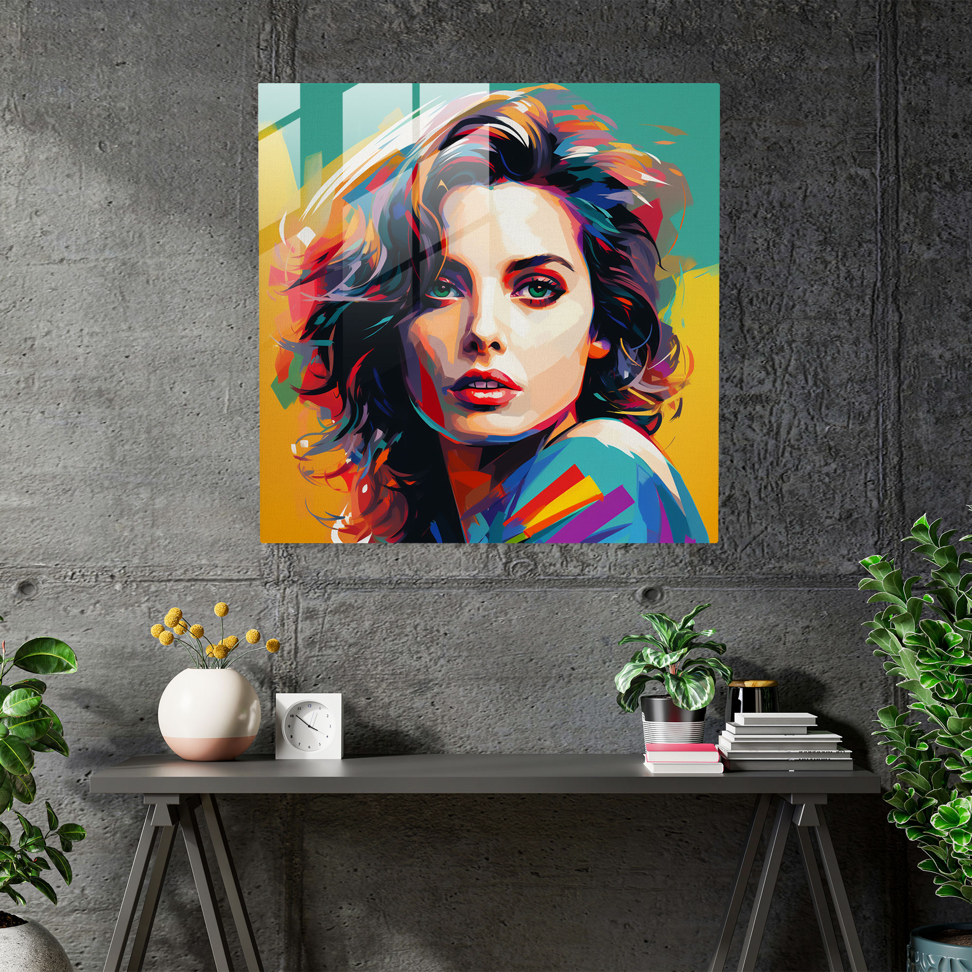 Cam Tablo - Pop Art Ünlü Portresi - Portre Canlı Renkler Grafik Unsurlar Ev Dekorasyonu