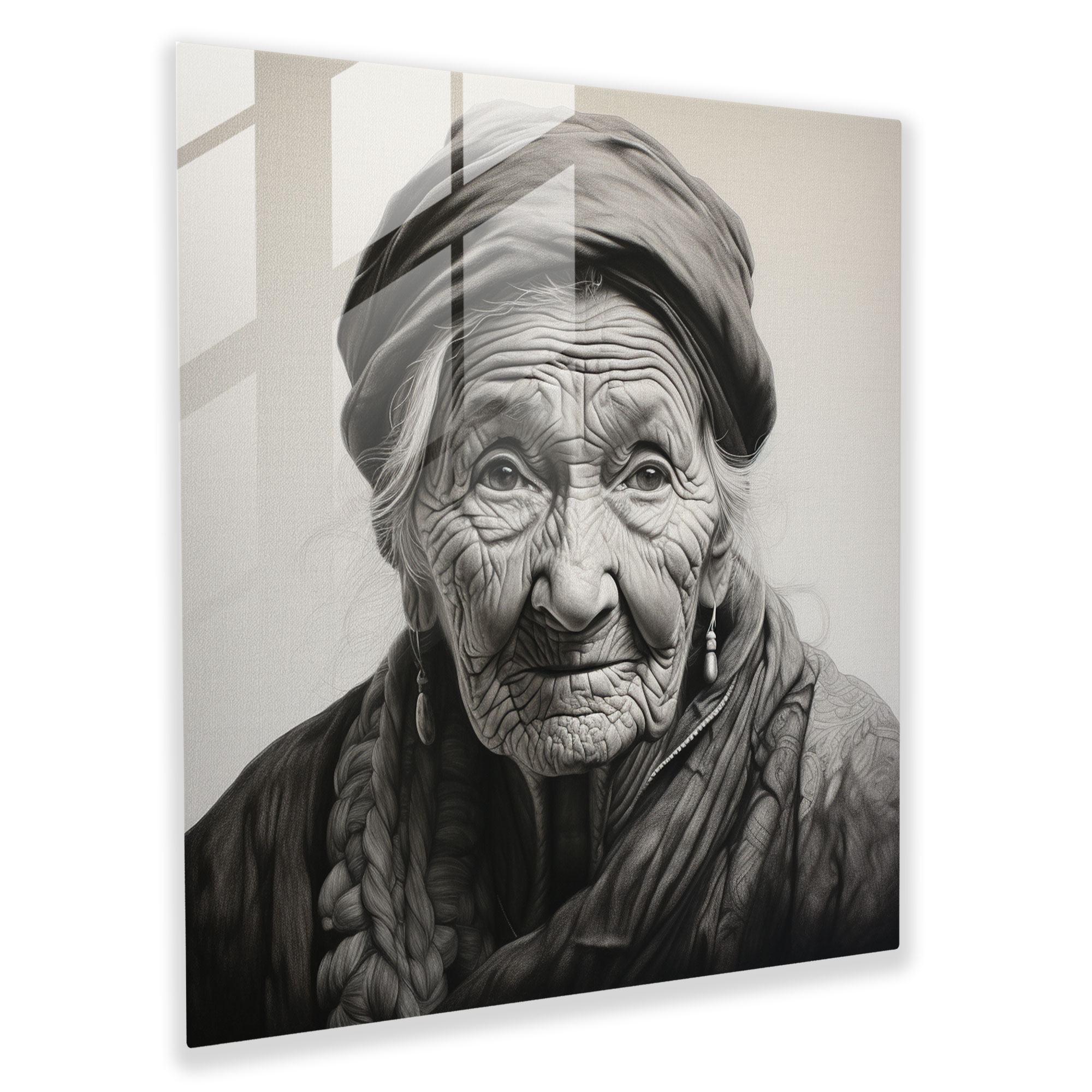 Realistic Glass Print - Detailed Portrait Of An Elderly Woman - Portrait, Wisdom, Glass Print, Detailed