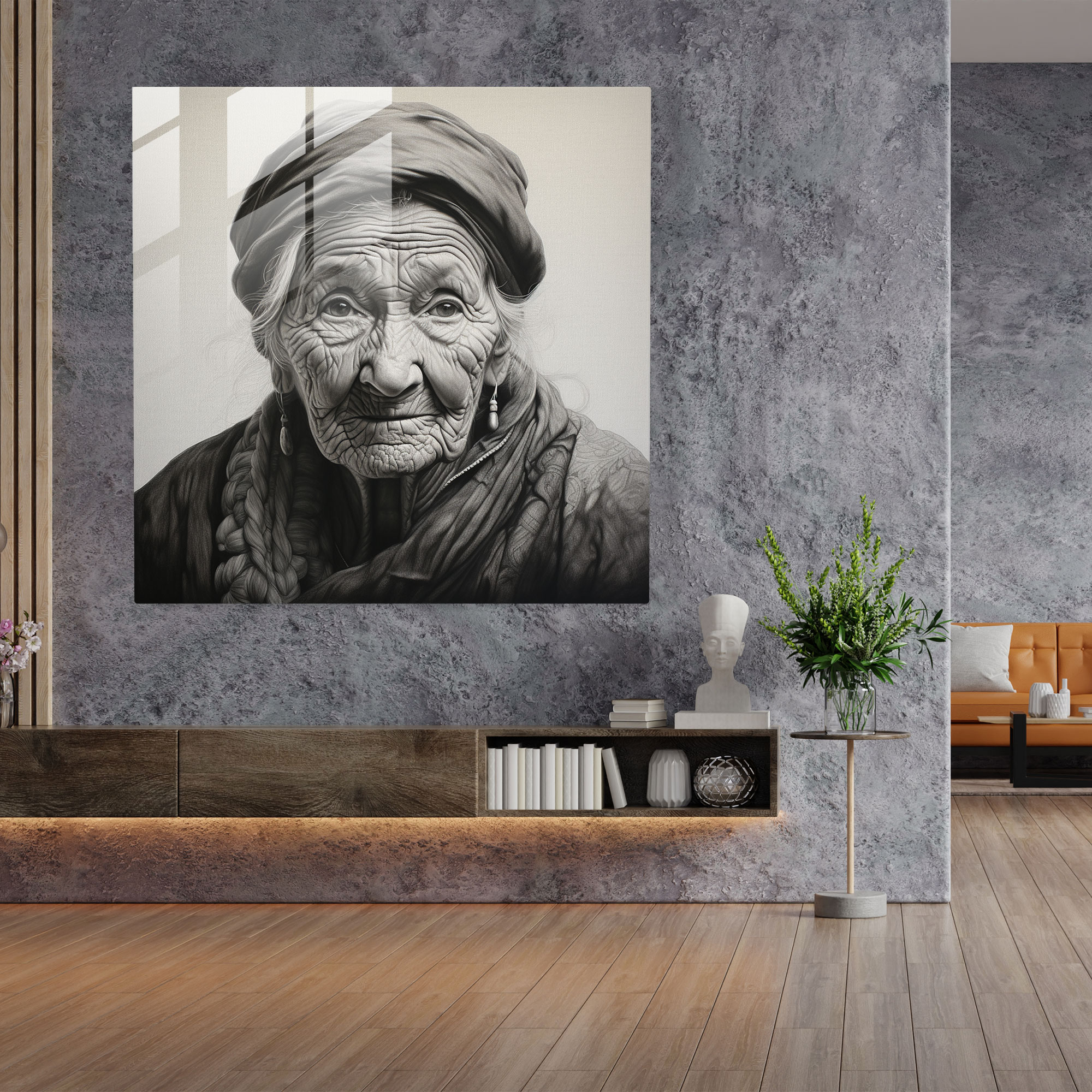 Realistic Glass Print - Detailed Portrait Of An Elderly Woman - Portrait, Wisdom, Glass Print, Detailed