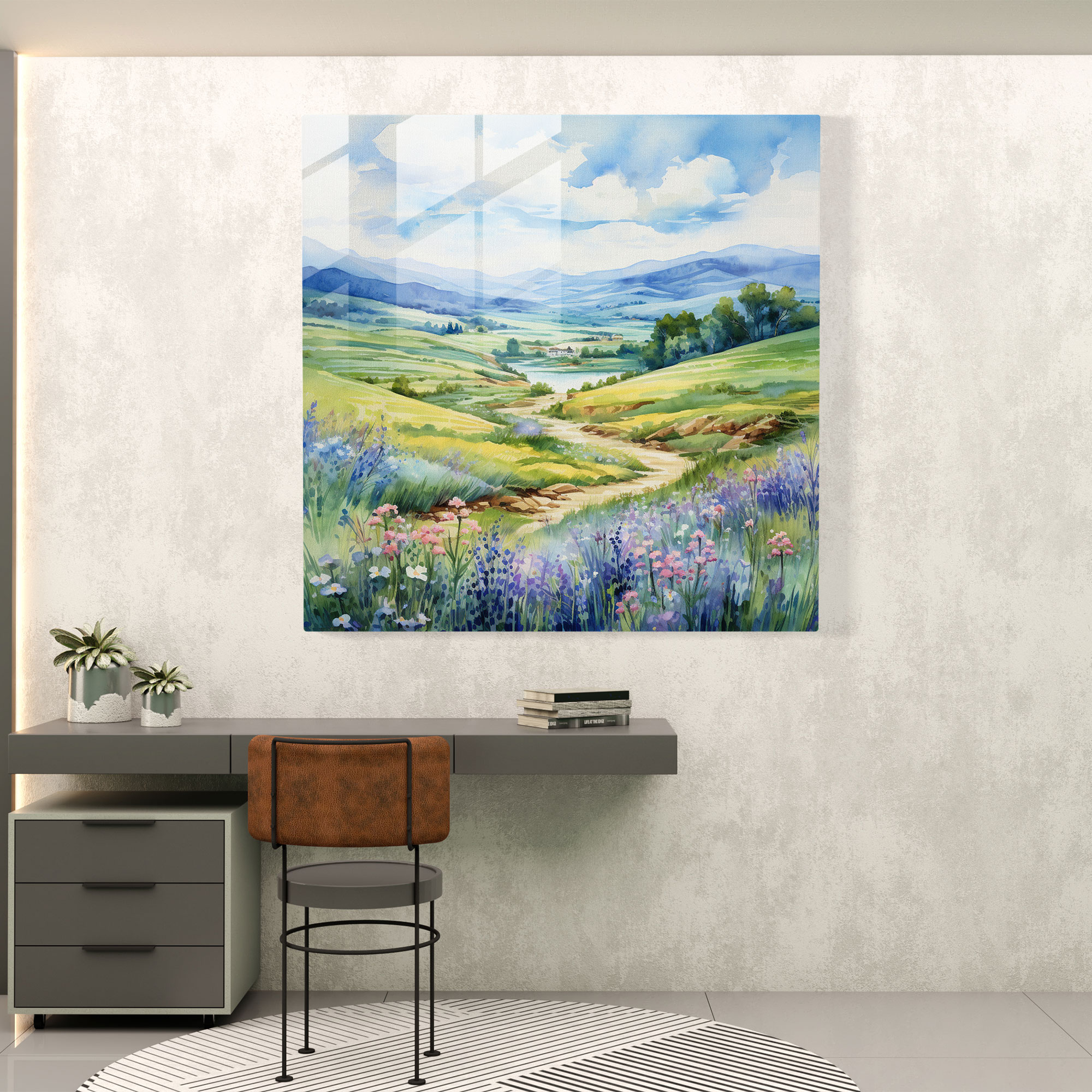 Countryside Serenity Glass Print - Portrait, Watercolor Illustration, Portrait, Glass Print