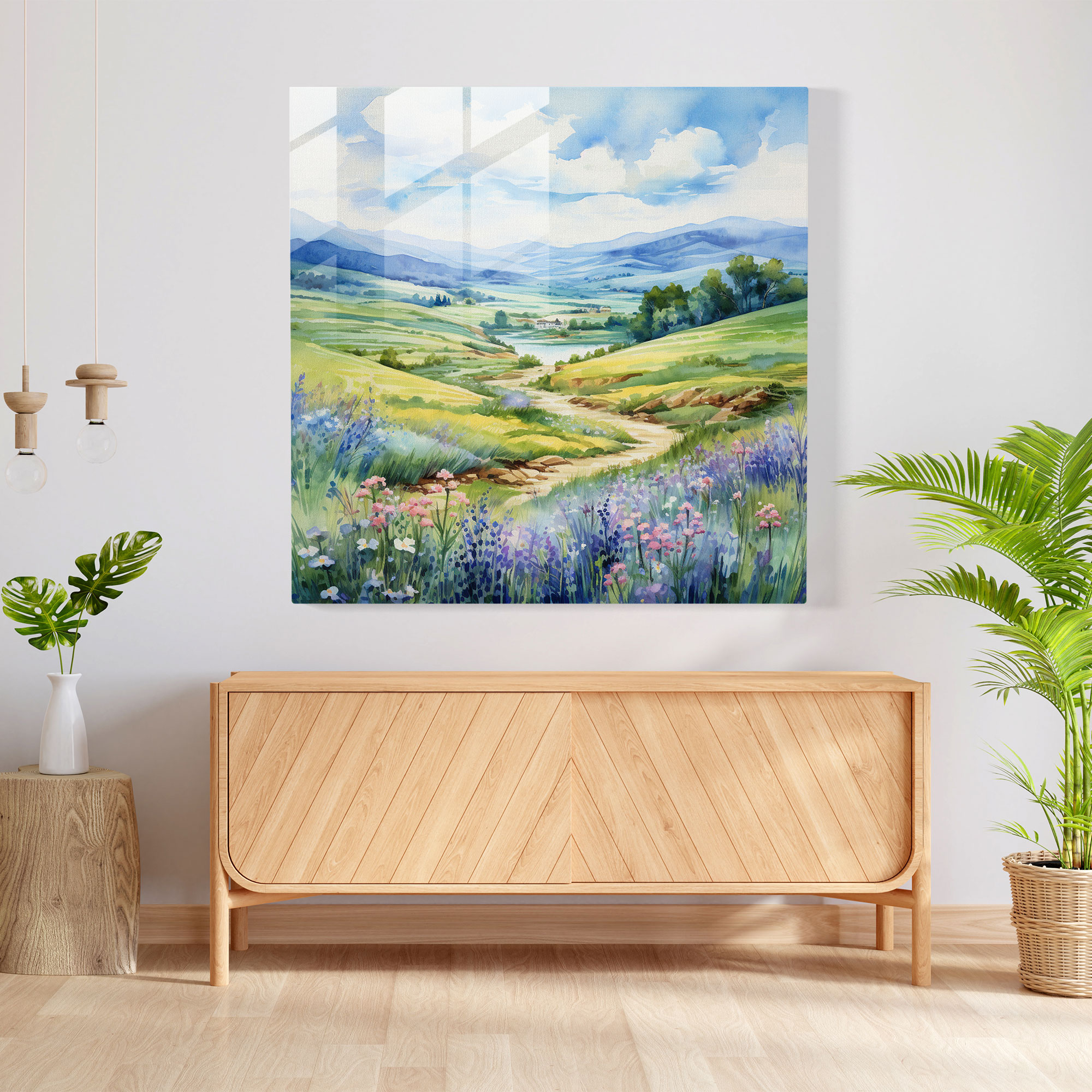 Countryside Serenity Glass Print - Portrait, Watercolor Illustration, Portrait, Glass Print