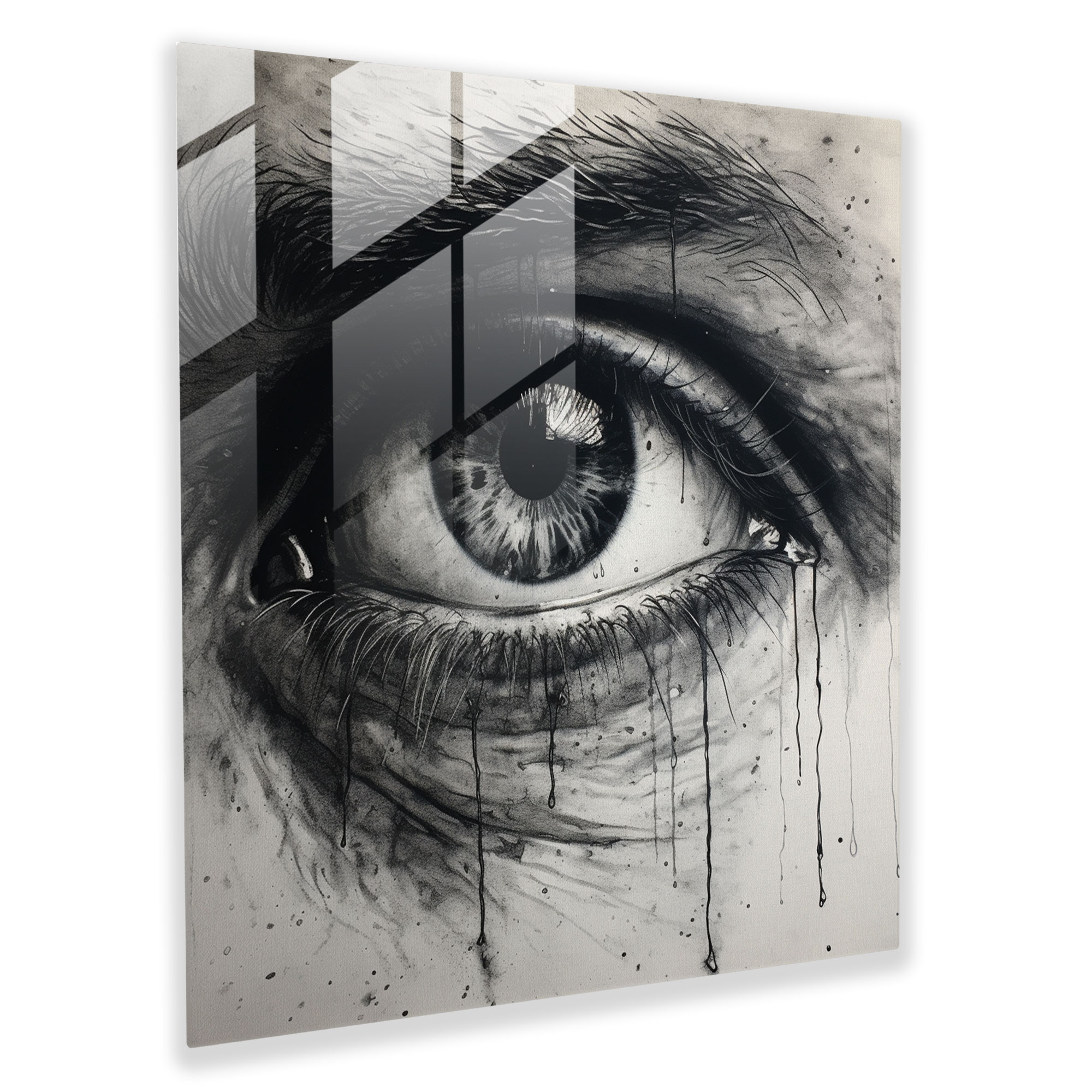 Eyes Of Reflection Glass Print - Portrait, Glass Wall Art, Expressive Eyes, Charcoal Drawing