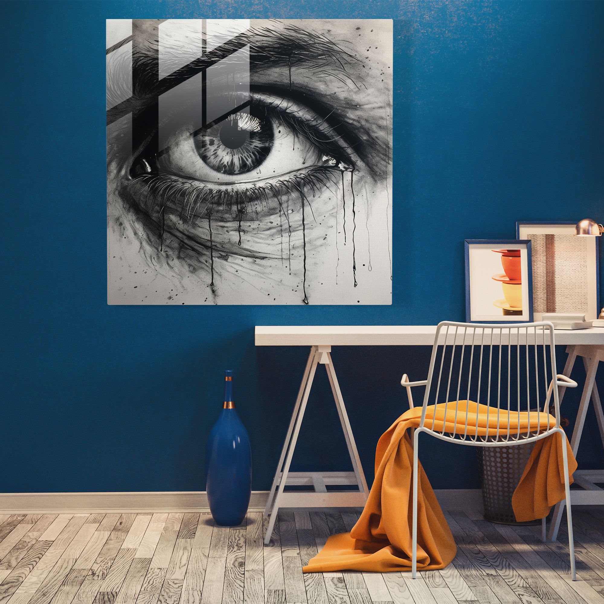 Eyes Of Reflection Glass Print - Portrait, Glass Wall Art, Expressive Eyes, Charcoal Drawing