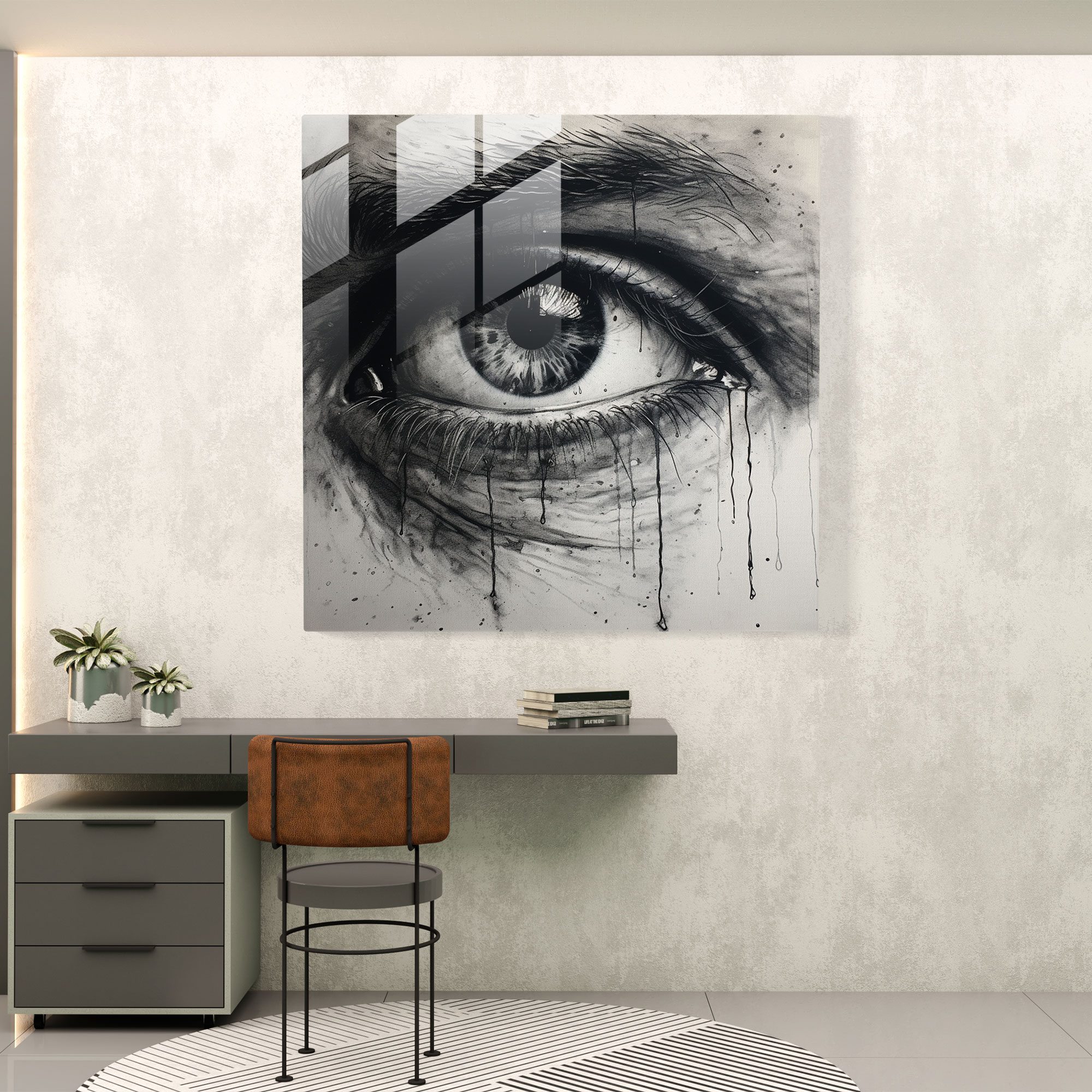 Eyes Of Reflection Glass Print - Portrait, Glass Wall Art, Expressive Eyes, Charcoal Drawing