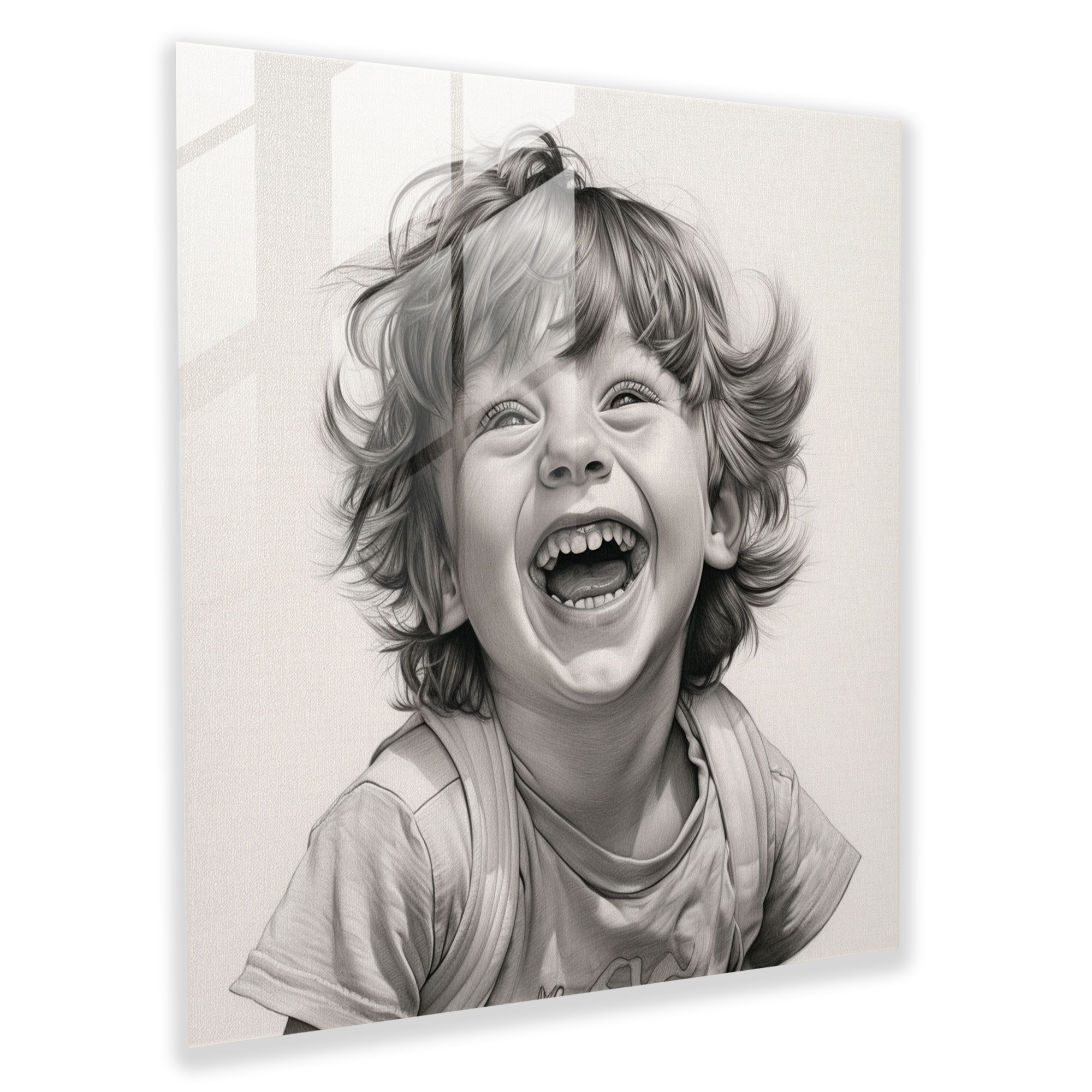 Laughter's Innocence Glass Print - Portrait, Pencil Sketch, Glass Art, Innocence