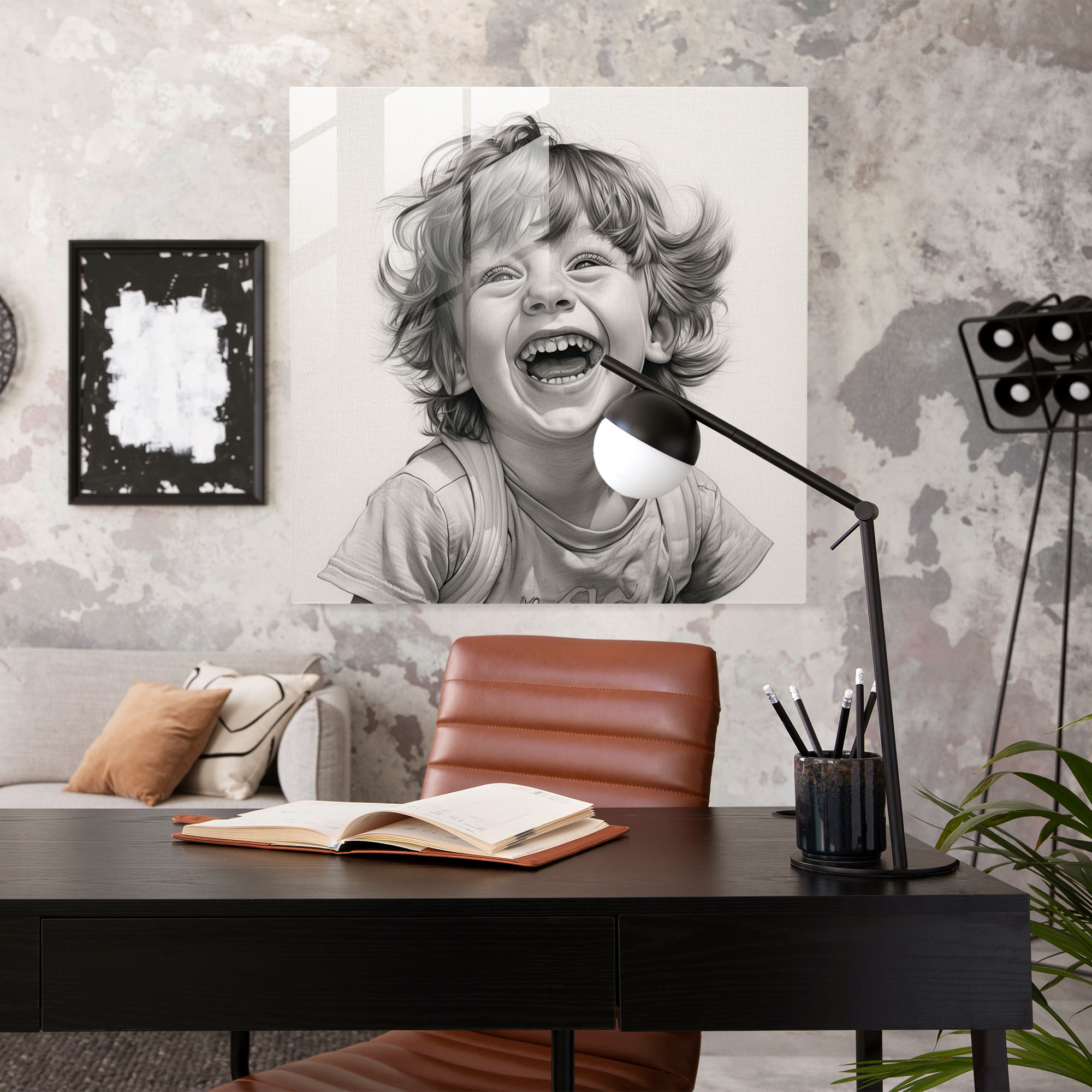 Laughter's Innocence Glass Print - Portrait, Pencil Sketch, Glass Art, Innocence