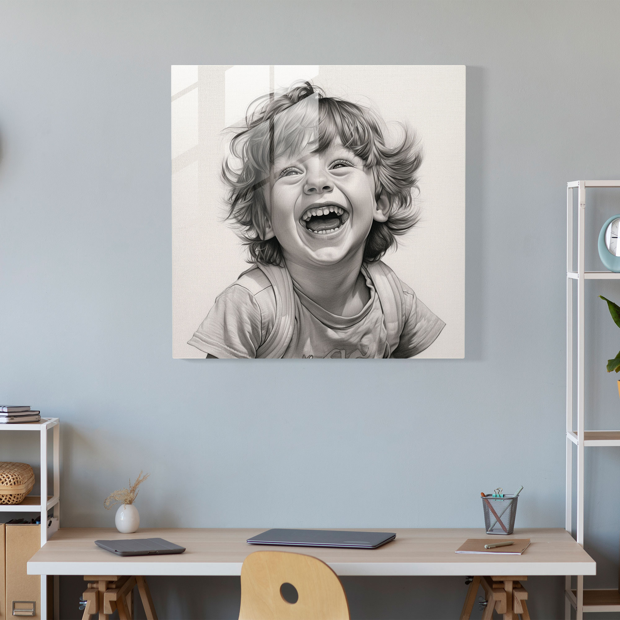 Laughter's Innocence Glass Print - Portrait, Pencil Sketch, Glass Art, Innocence