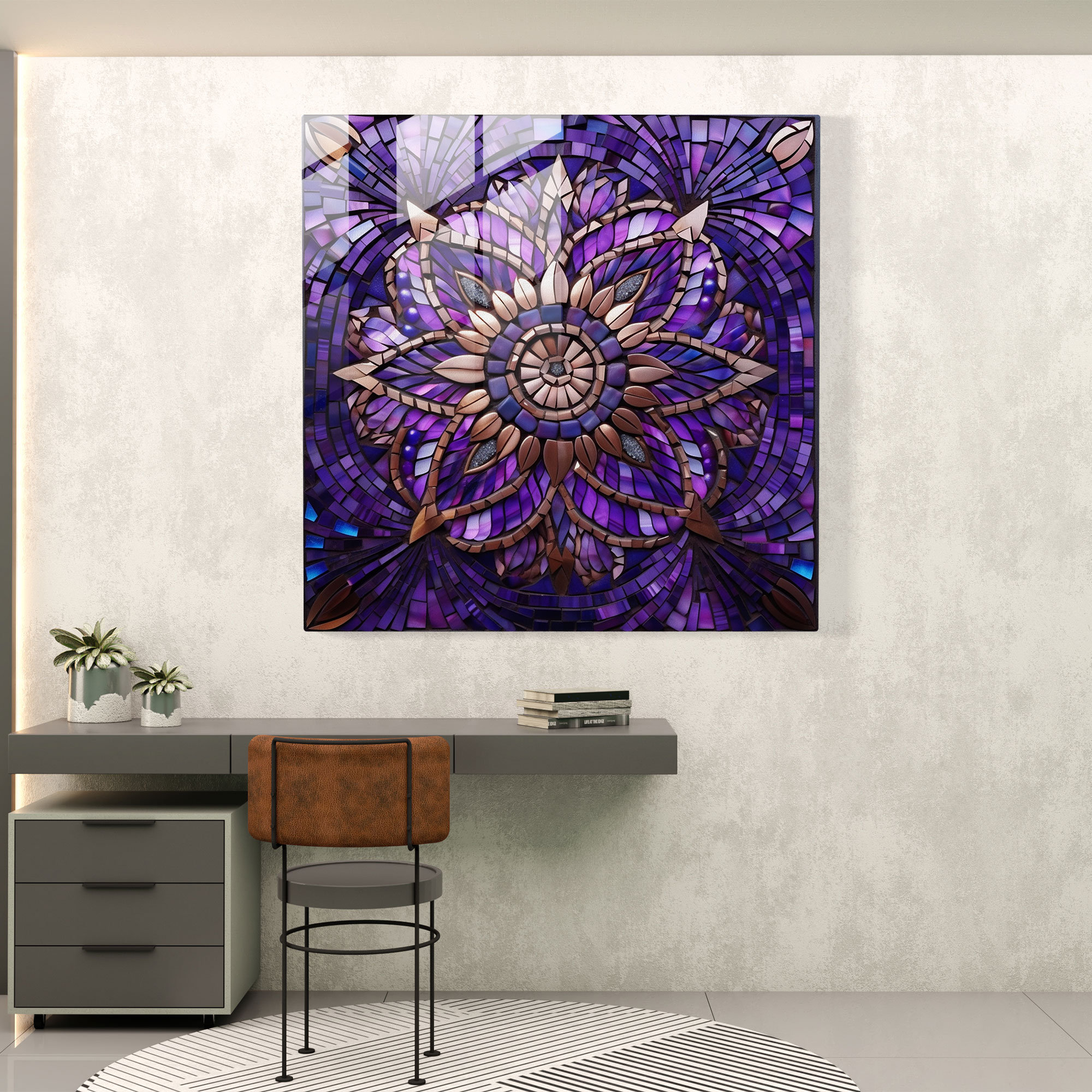 Modern Mosaic Glass Print - Purple Geometric Glass Wall Art - Purple, Wall Decoration, Glass Art, Home Decoration