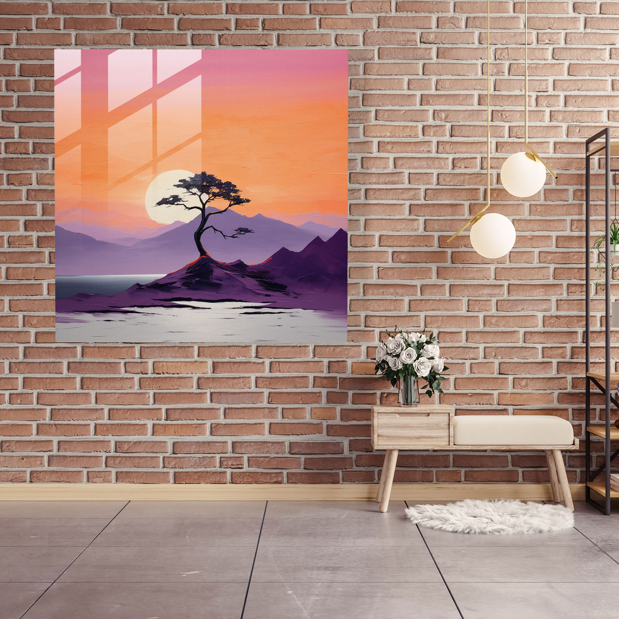 Serene Purple Tree Glass Print - Minimalist Landscape Glass Wall Art - Purple, Glass Wall Art, Purple Theme, Landscape Painting