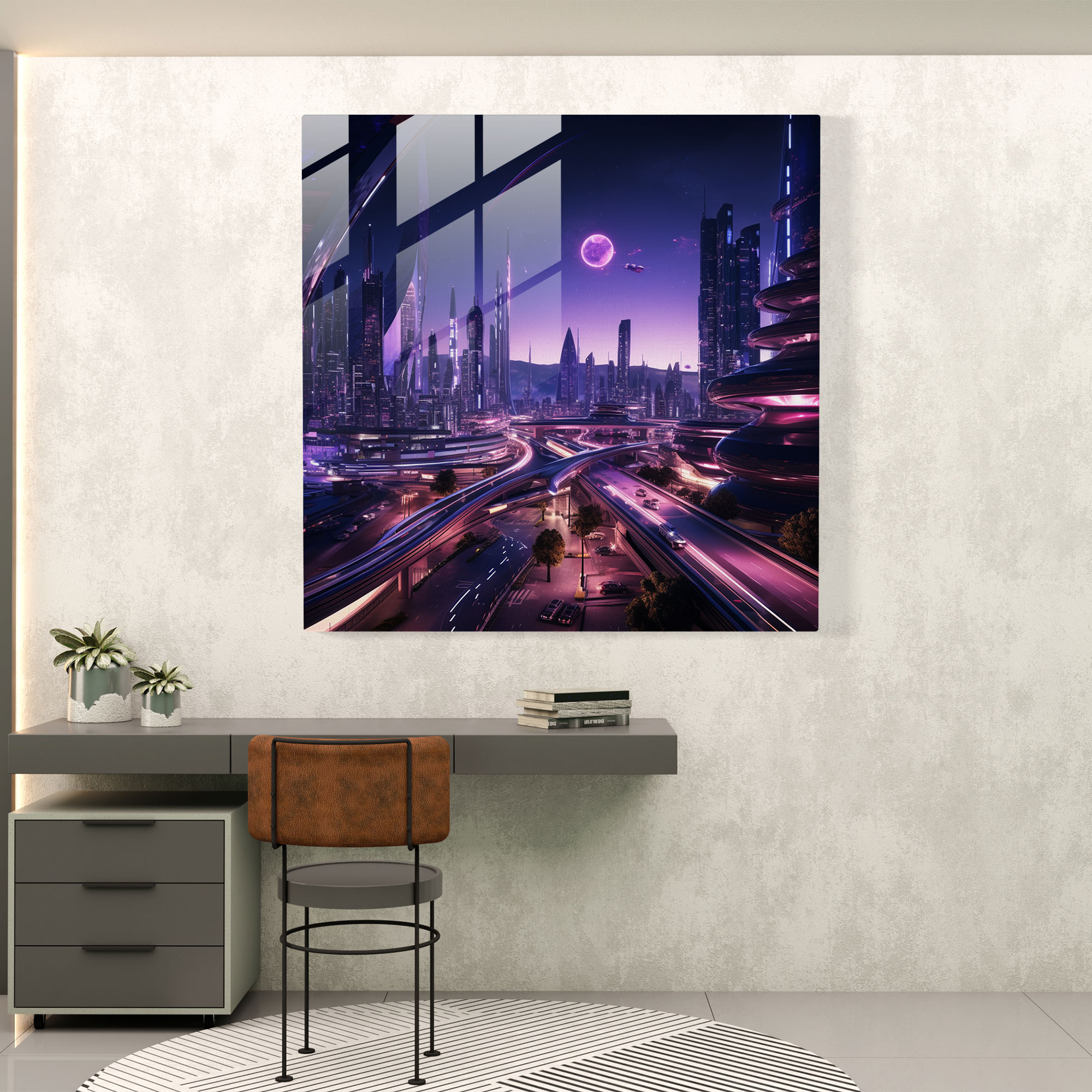 Mor Metropolis Cam Tablo - Gelecekçi Şehir Manzaralı Cam Duvar Sanatı - Mor Mor Tema Duvar Dekorasyonu Modern Sanat