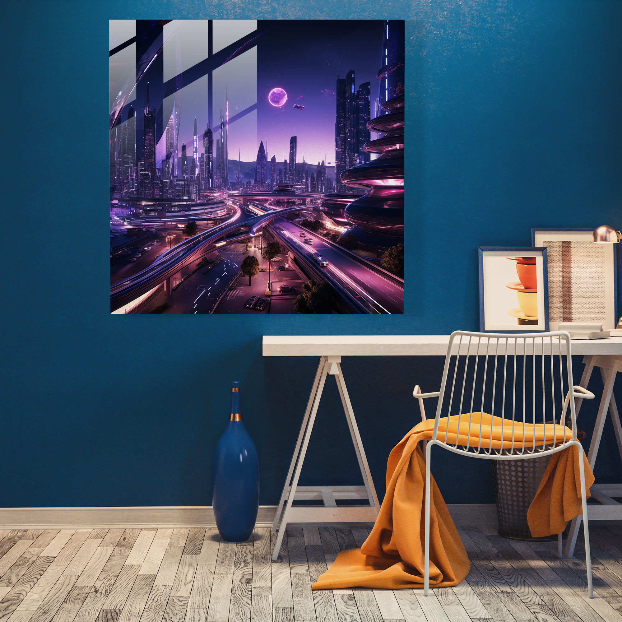 Mor Metropolis Cam Tablo - Gelecekçi Şehir Manzaralı Cam Duvar Sanatı - Mor Mor Tema Duvar Dekorasyonu Modern Sanat