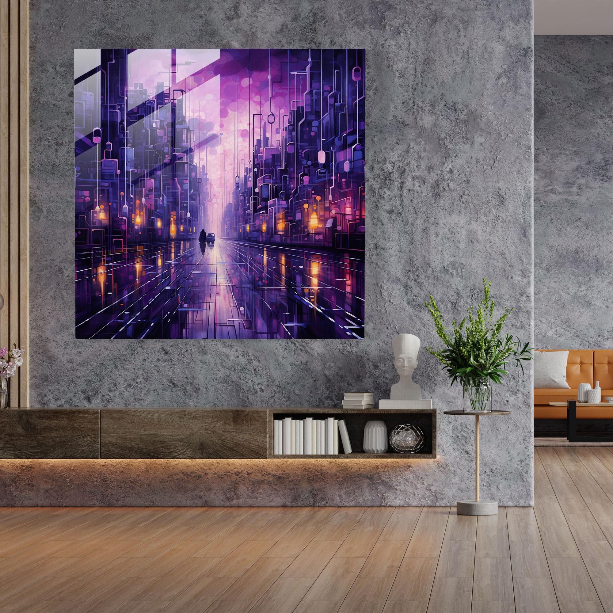 Purple Cityscape Glass Print - Purple, Glass Art, Contemporary Art, Home Decoration