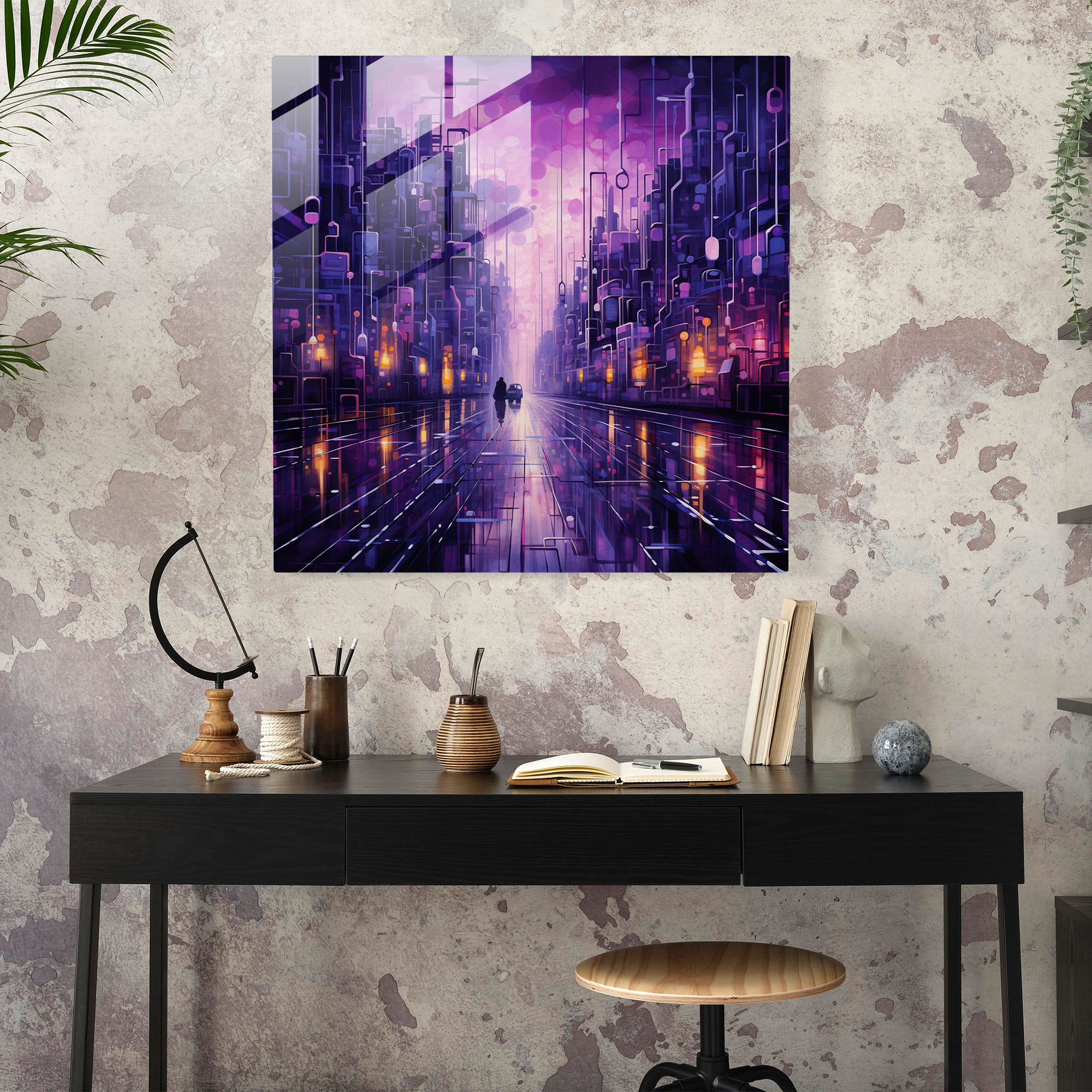 Purple Cityscape Glass Print - Purple, Glass Art, Contemporary Art, Home Decoration