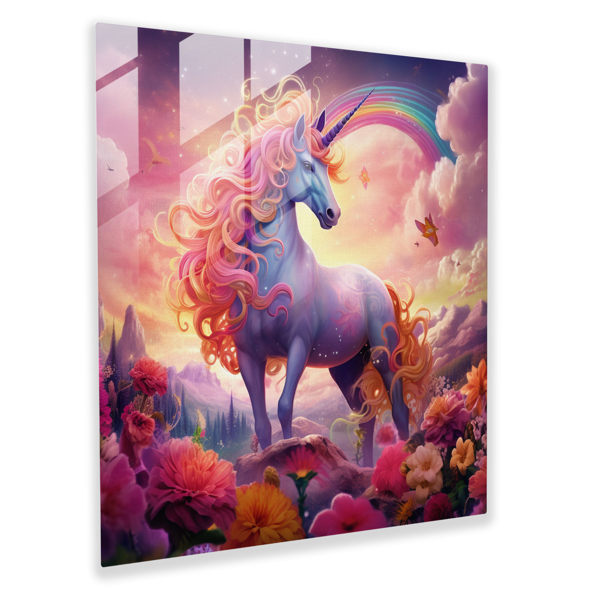 Mor Unicorn Cam Tablo - Mor Ev Dekorasyonu Cam Sanatı Fantezi Sanat