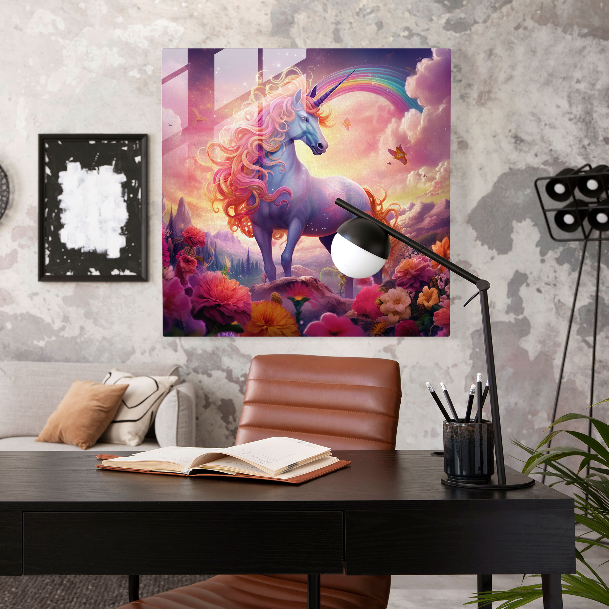 Mor Unicorn Cam Tablo - Mor Ev Dekorasyonu Cam Sanatı Fantezi Sanat