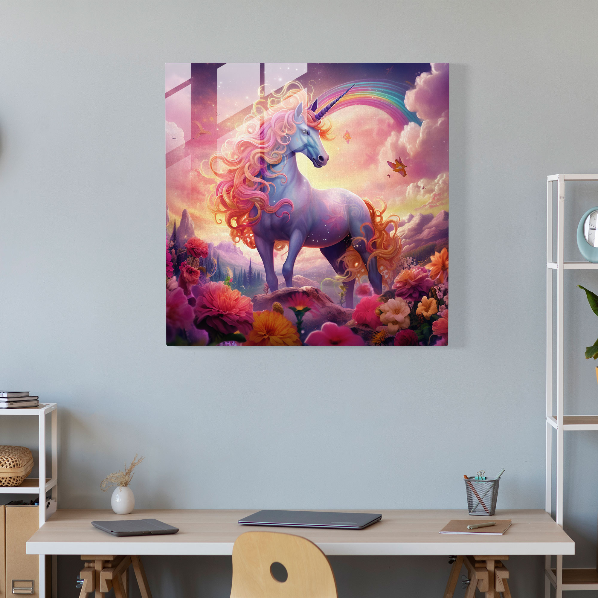 Mor Unicorn Cam Tablo - Mor Ev Dekorasyonu Cam Sanatı Fantezi Sanat