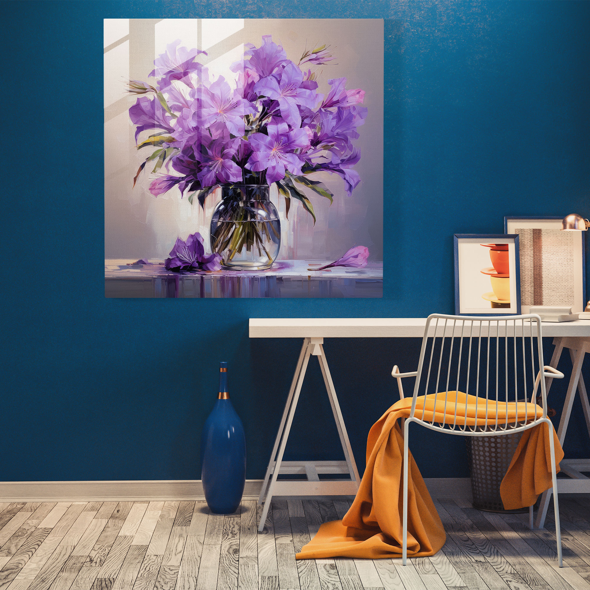 Mor Çiçek Buketi Cam Tablo - Mor Cam Duvar Sanatı Cam Tablo Modern Sanat