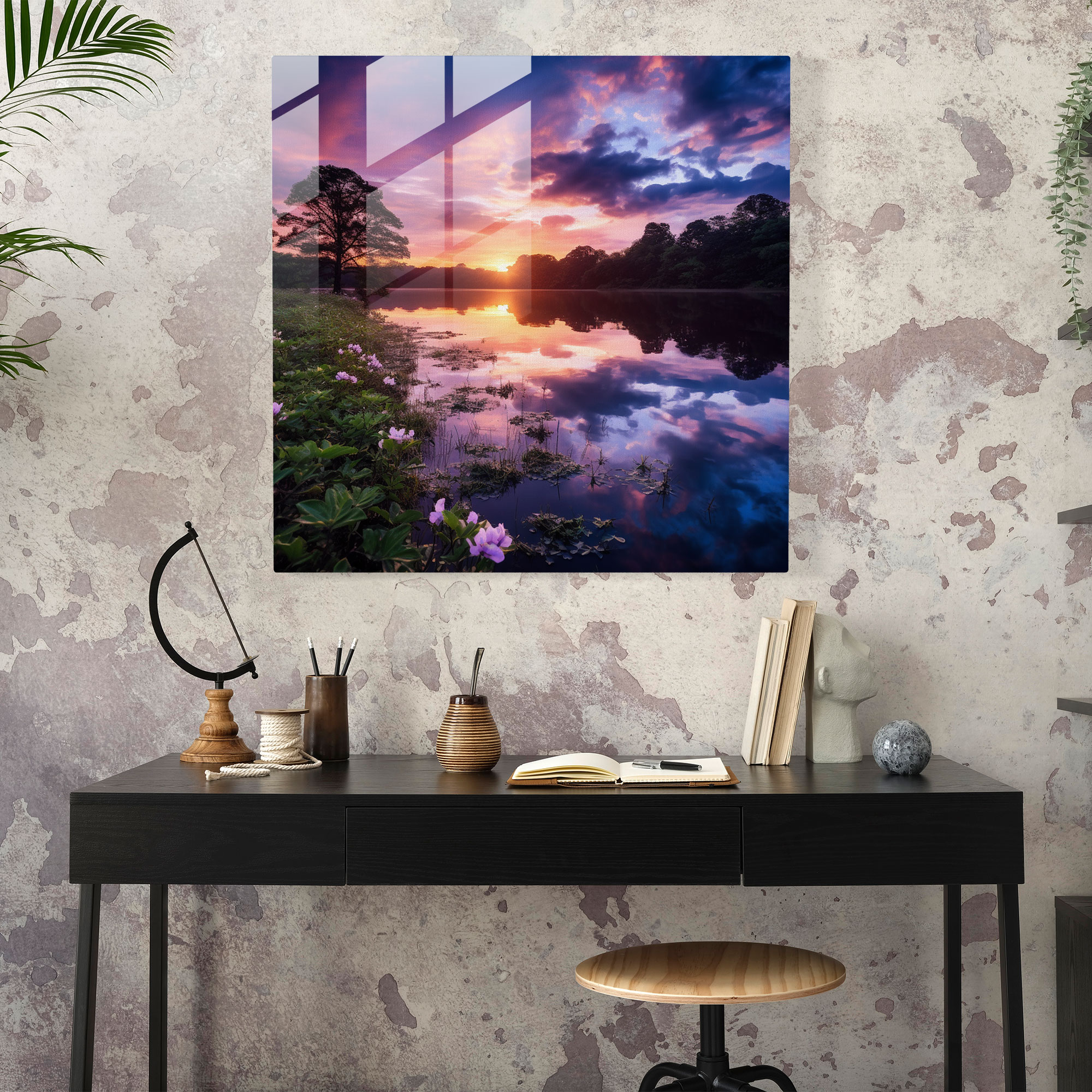 Purple Sunset Reflection Glass Print - Purple, Purple, Glass Print, Glass Wall Art