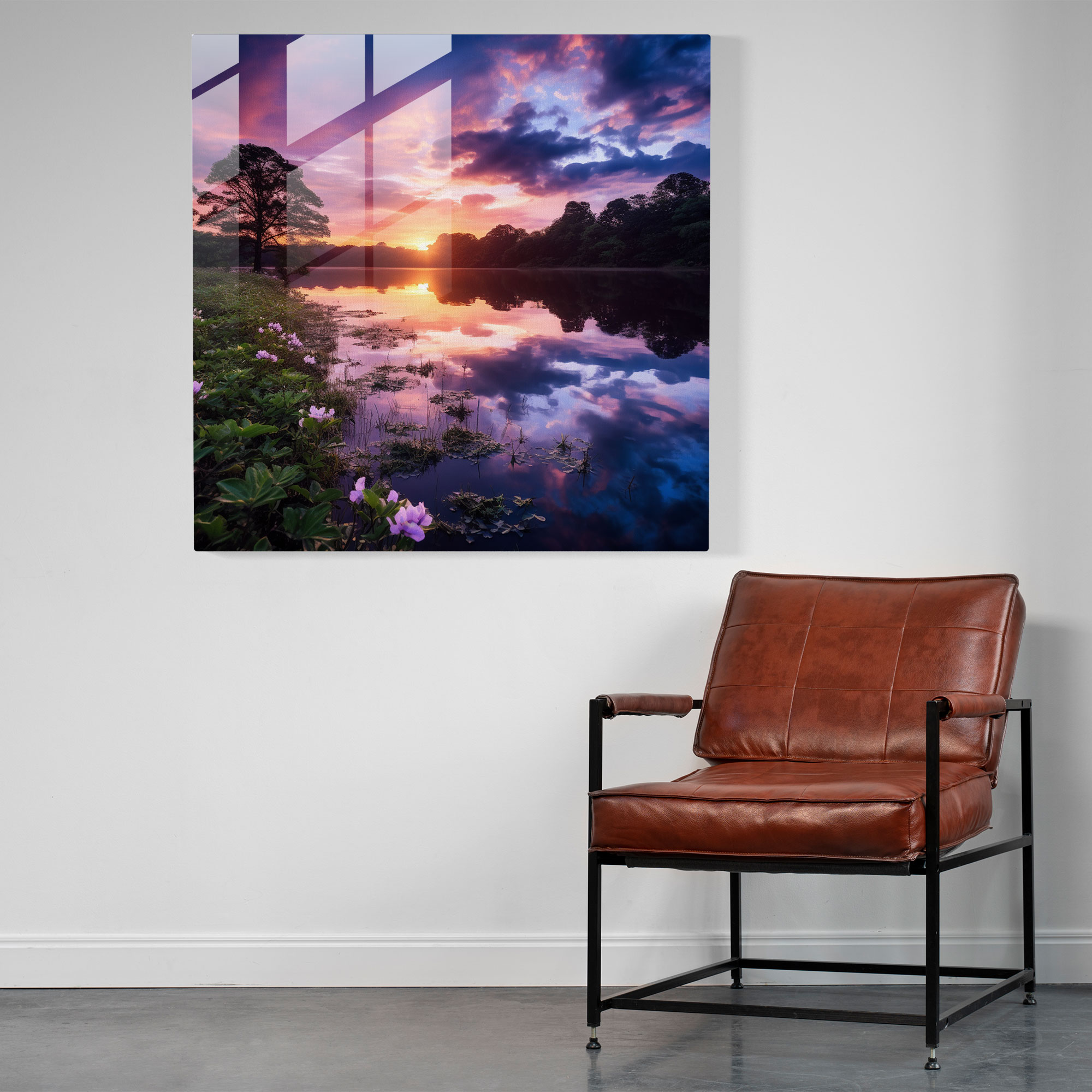 Purple Sunset Reflection Glass Print - Purple, Purple, Glass Print, Glass Wall Art
