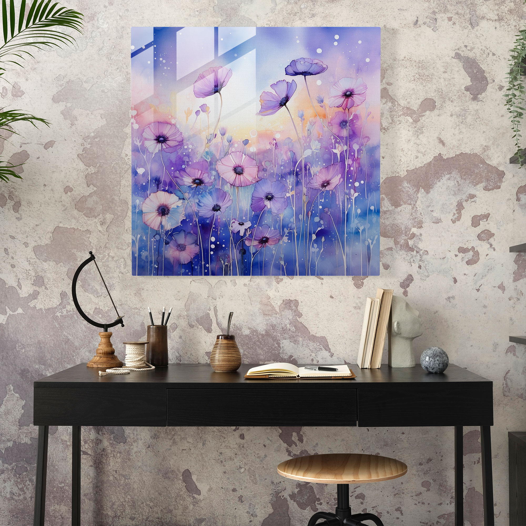 Mor Hayaller Cam Tablo - Mor Su rengi Suluboya Tablo Modern Sanat