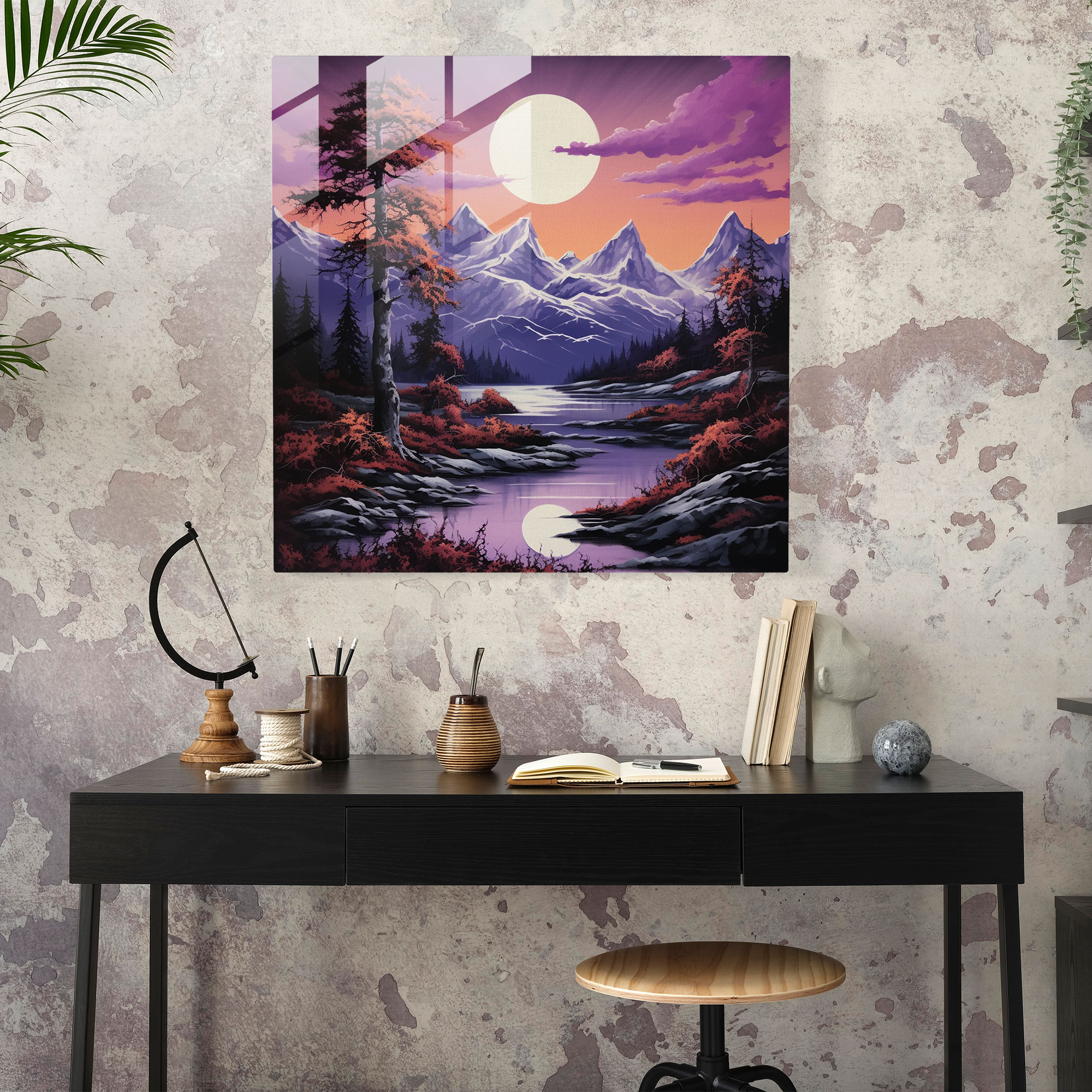 Tranquil Purple Mountains Glass Print - Purple, Wall Decoration, Glass Print, Home Decoration