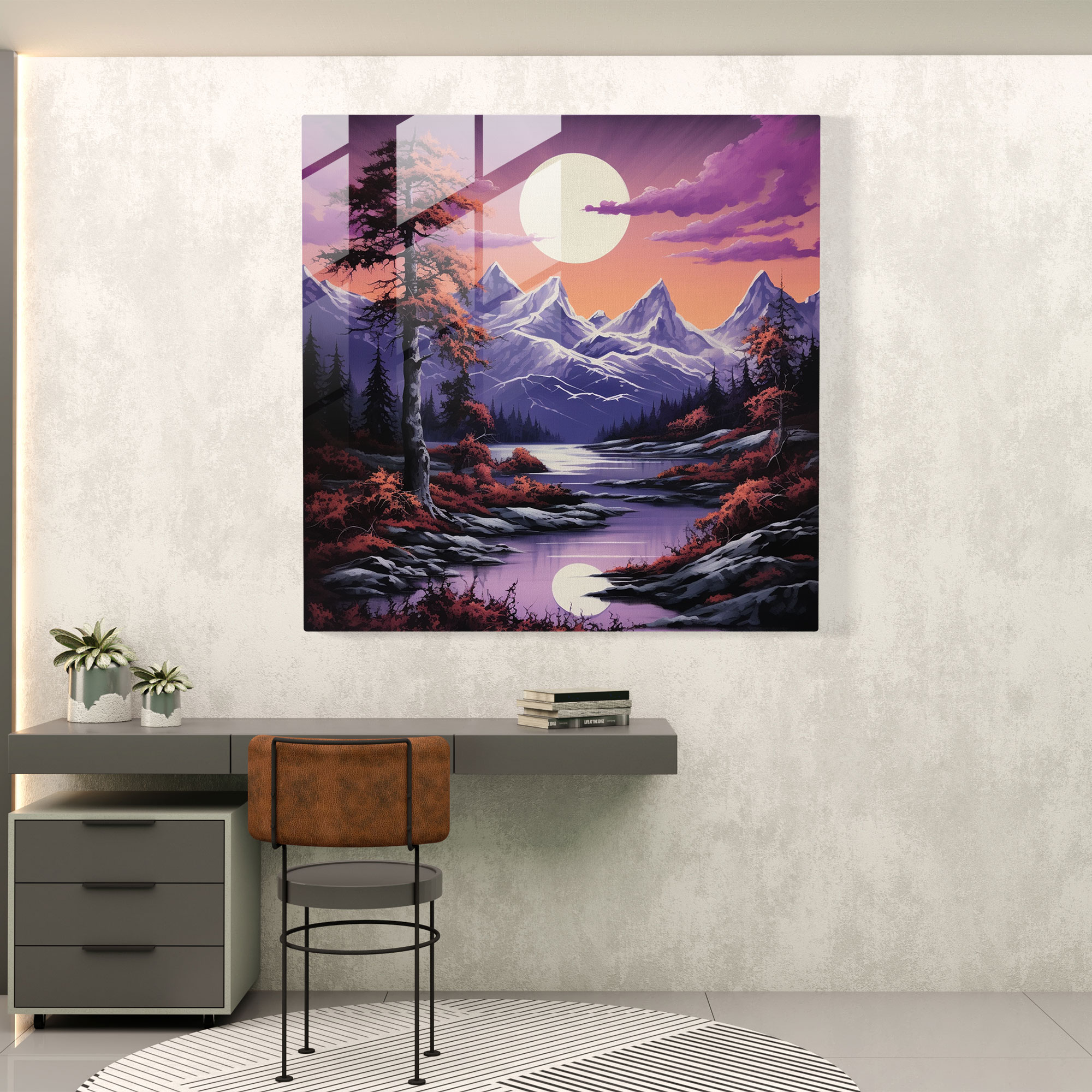 Tranquil Purple Mountains Glass Print - Purple, Wall Decoration, Glass Print, Home Decoration