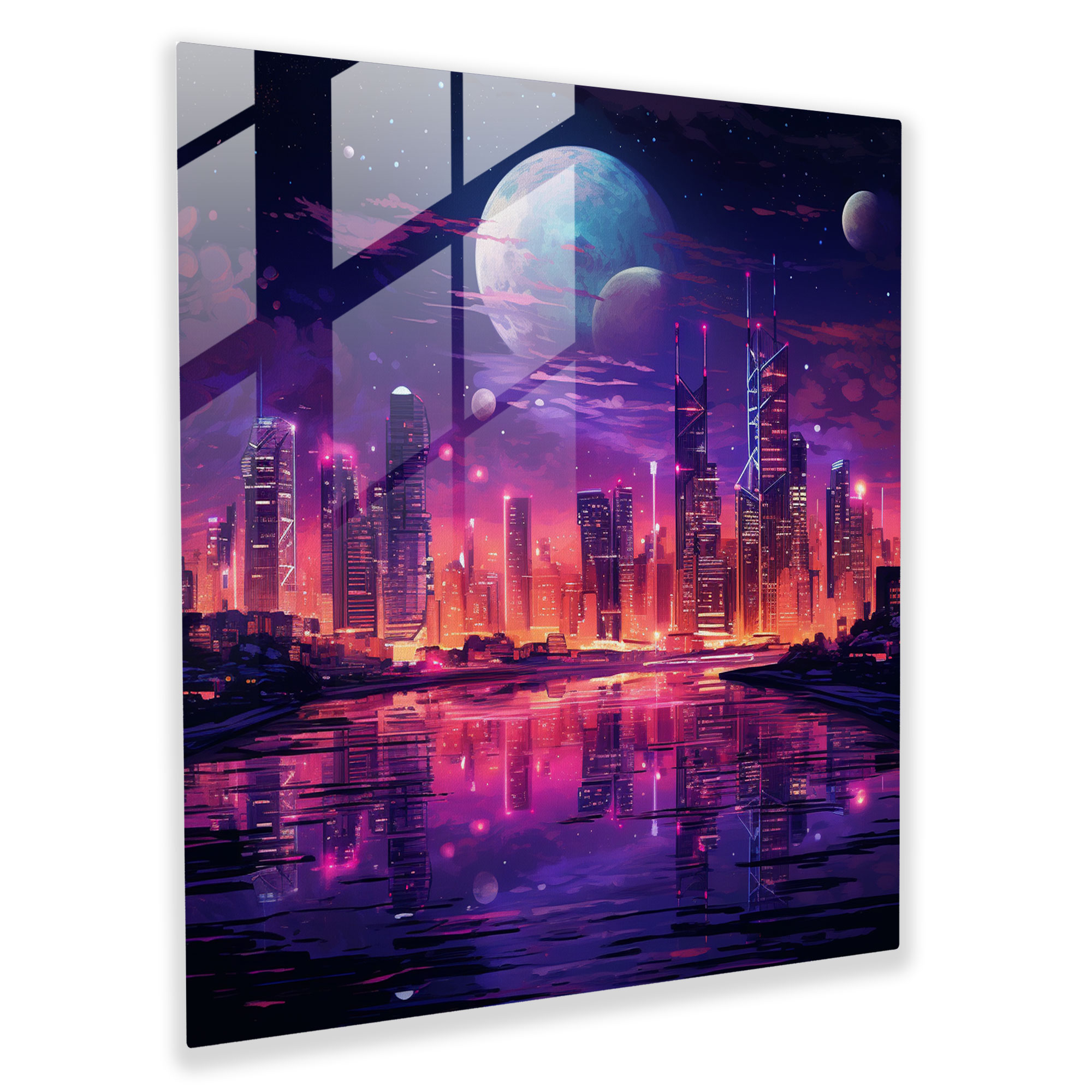 Nocturnal Purple Skyscrapers Glass Print - Purple, Purple, Wall Decoration, Glass Wall Art