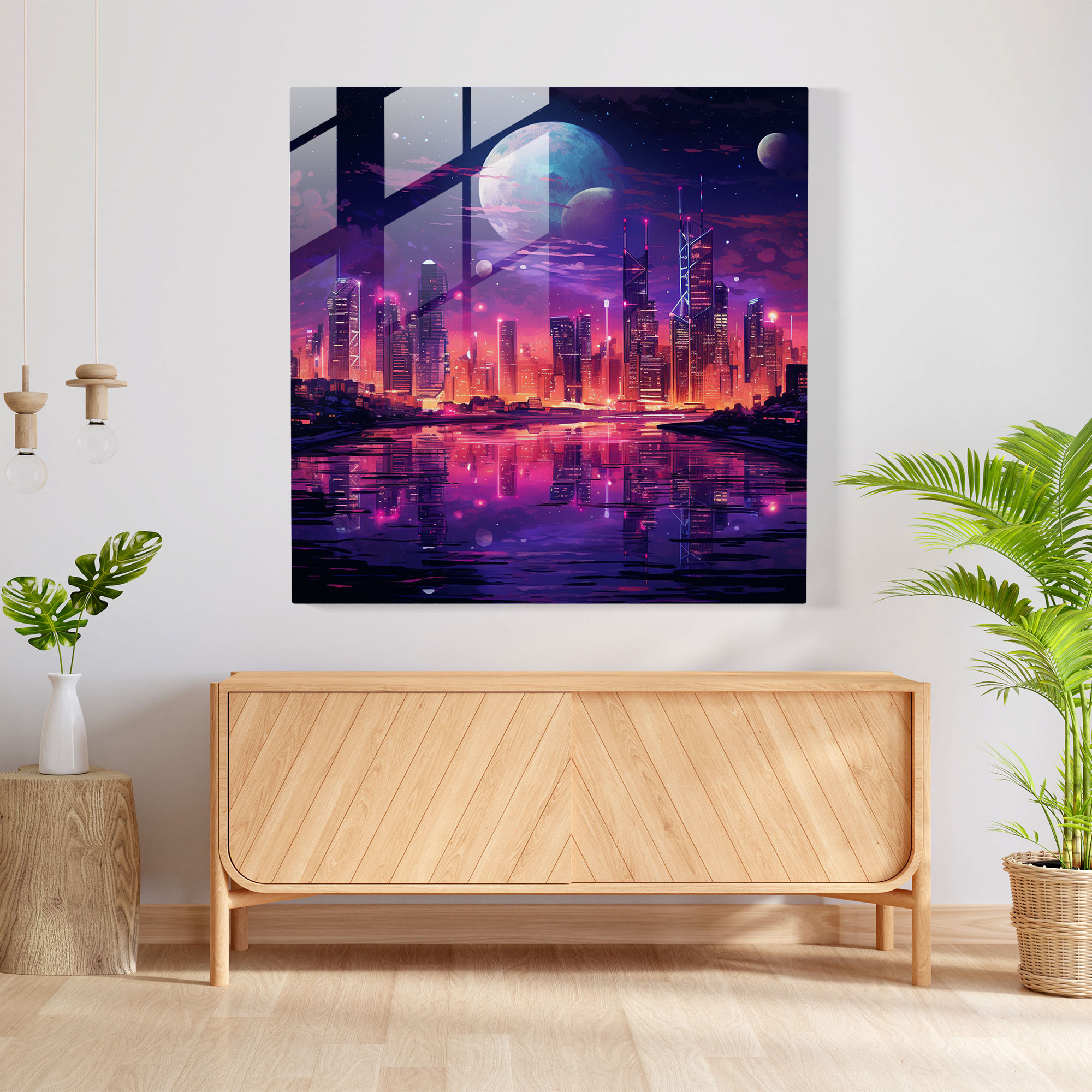 Nocturnal Purple Skyscrapers Glass Print - Purple, Purple, Wall Decoration, Glass Wall Art