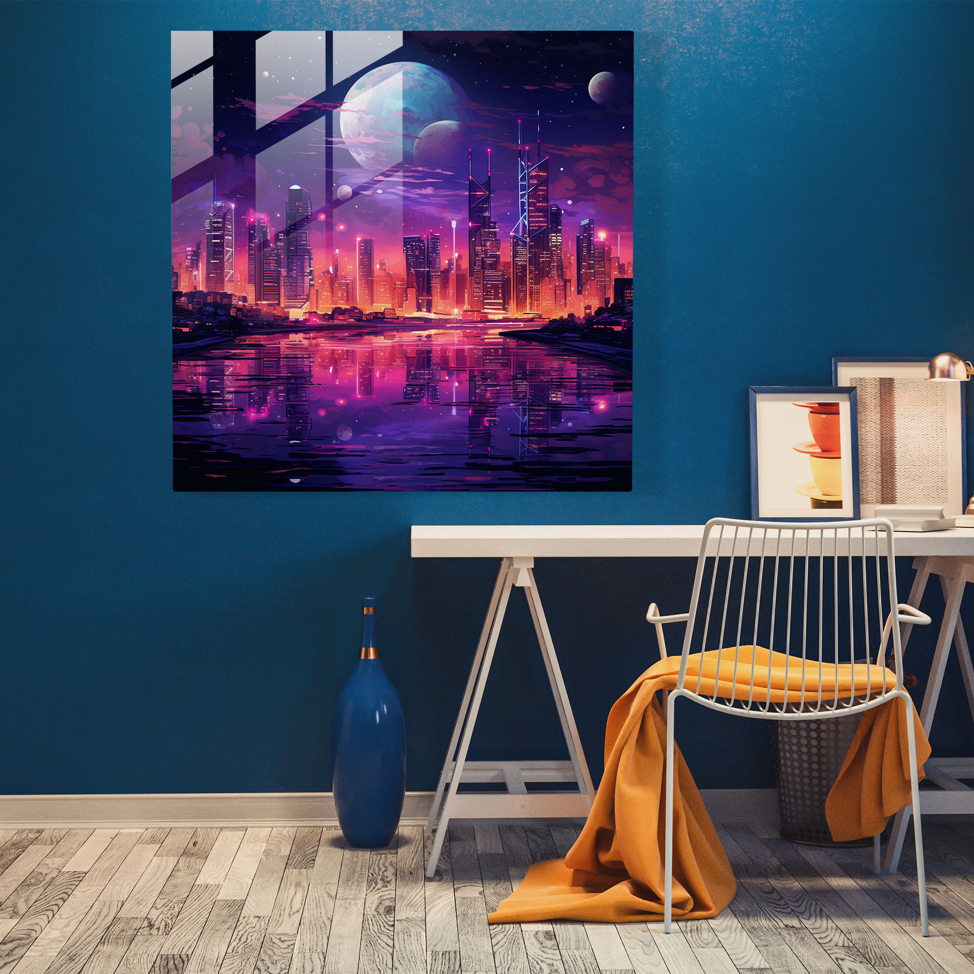 Nocturnal Purple Skyscrapers Glass Print - Purple, Purple, Wall Decoration, Glass Wall Art