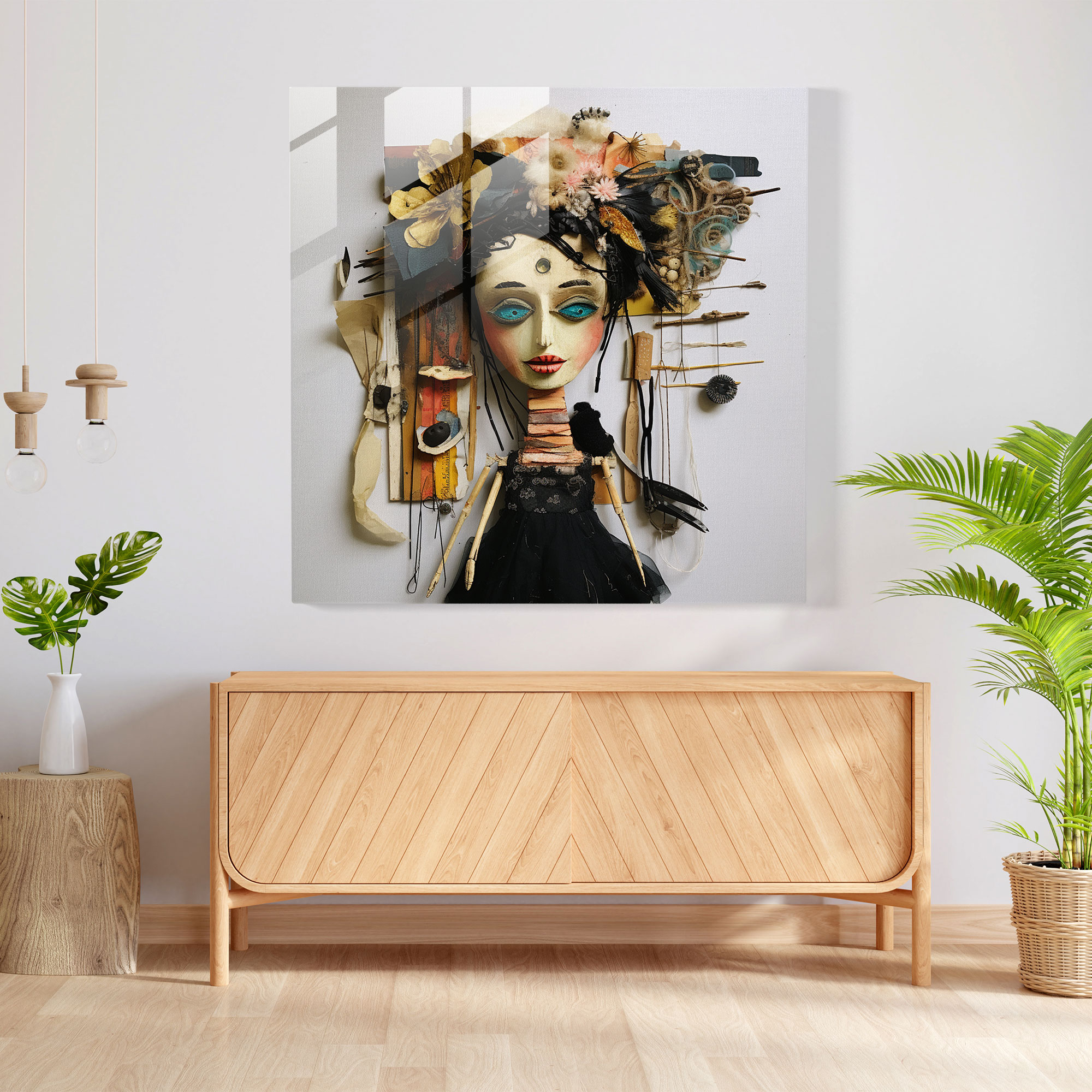 Mixed Media Puppet Glass Print - Puppet, Various Materials, Home Decoration, Wall Decoration
