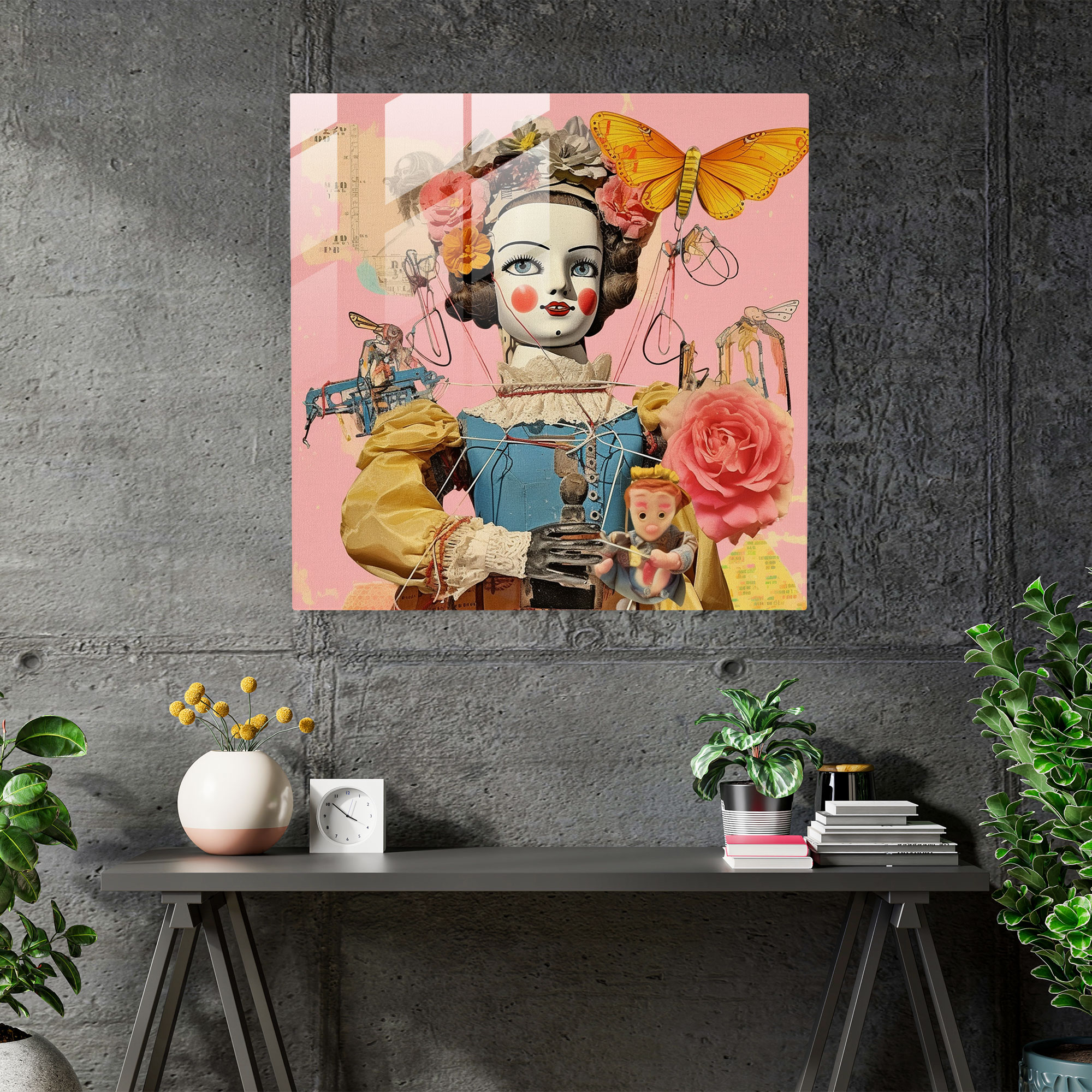 Glasbild Collage mit Vintage-Puppen - Puppen Vintage moderne Kunst Dekoration für Zuhause