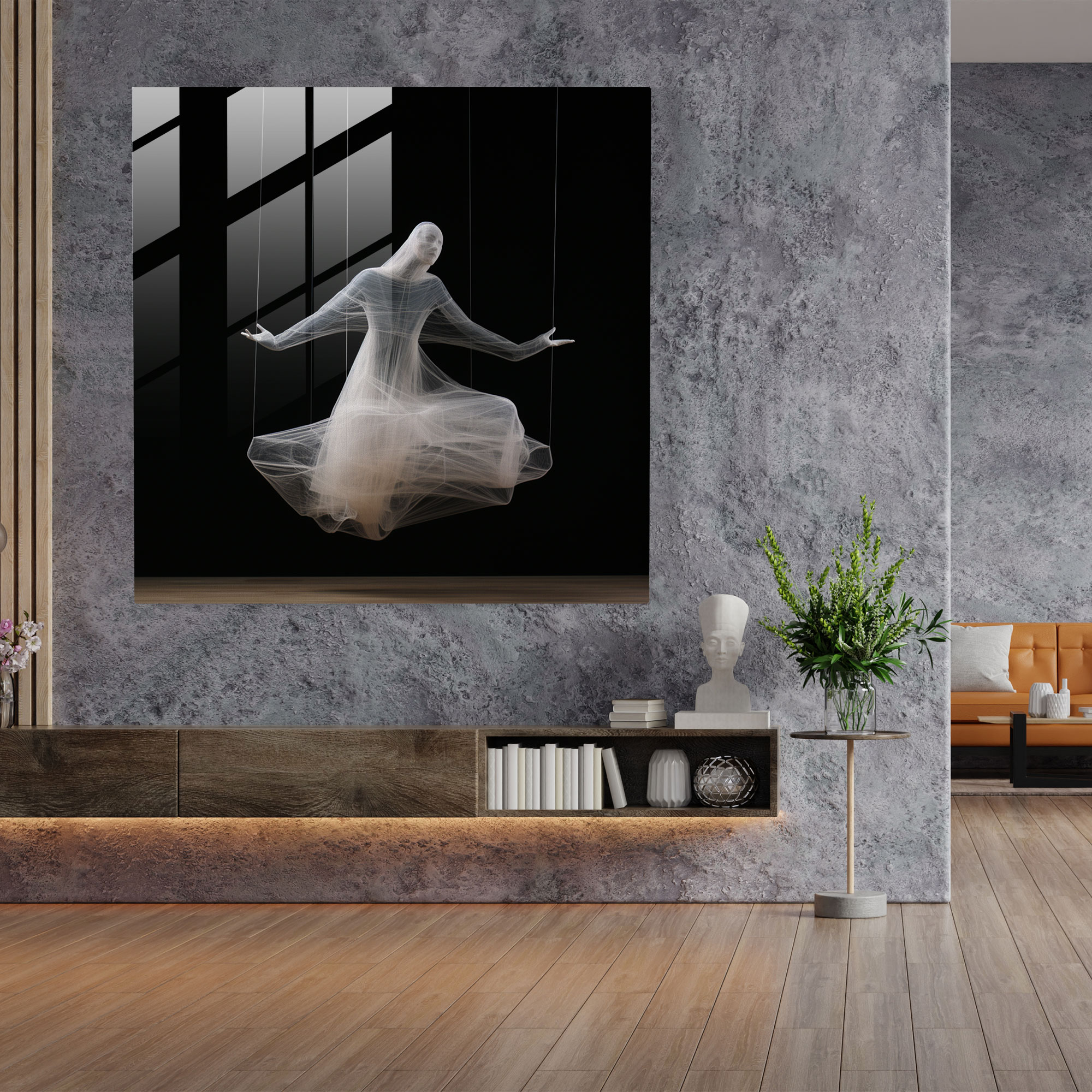 Glasbild Puppenspiel der Schlichtheit - Puppenspiel Wohn-Dekoration Moderne Kunst Schlichtheit