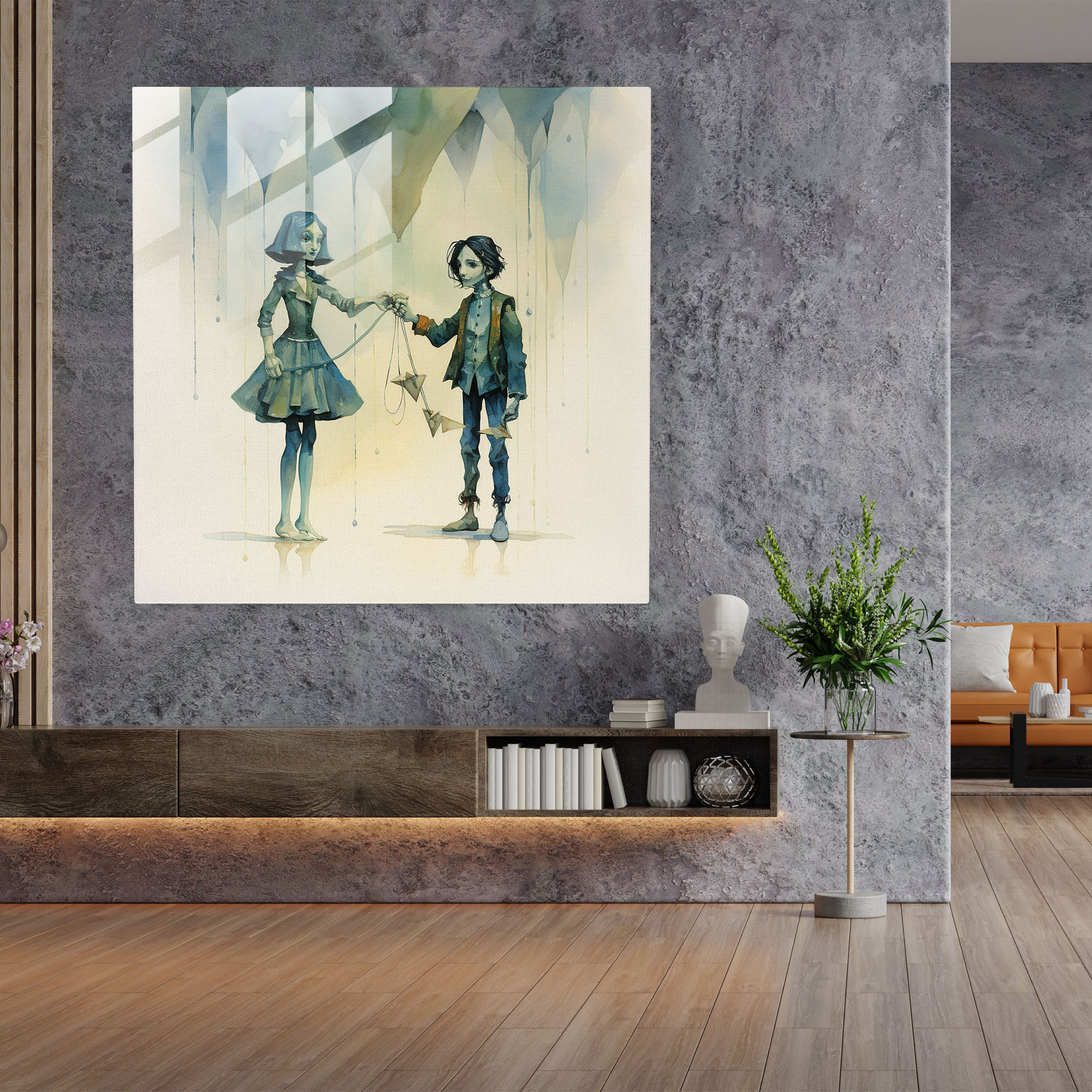 Puppeteer's Enchantment Glass Print - Puppet, Marionette, Glass Art, Modern Art