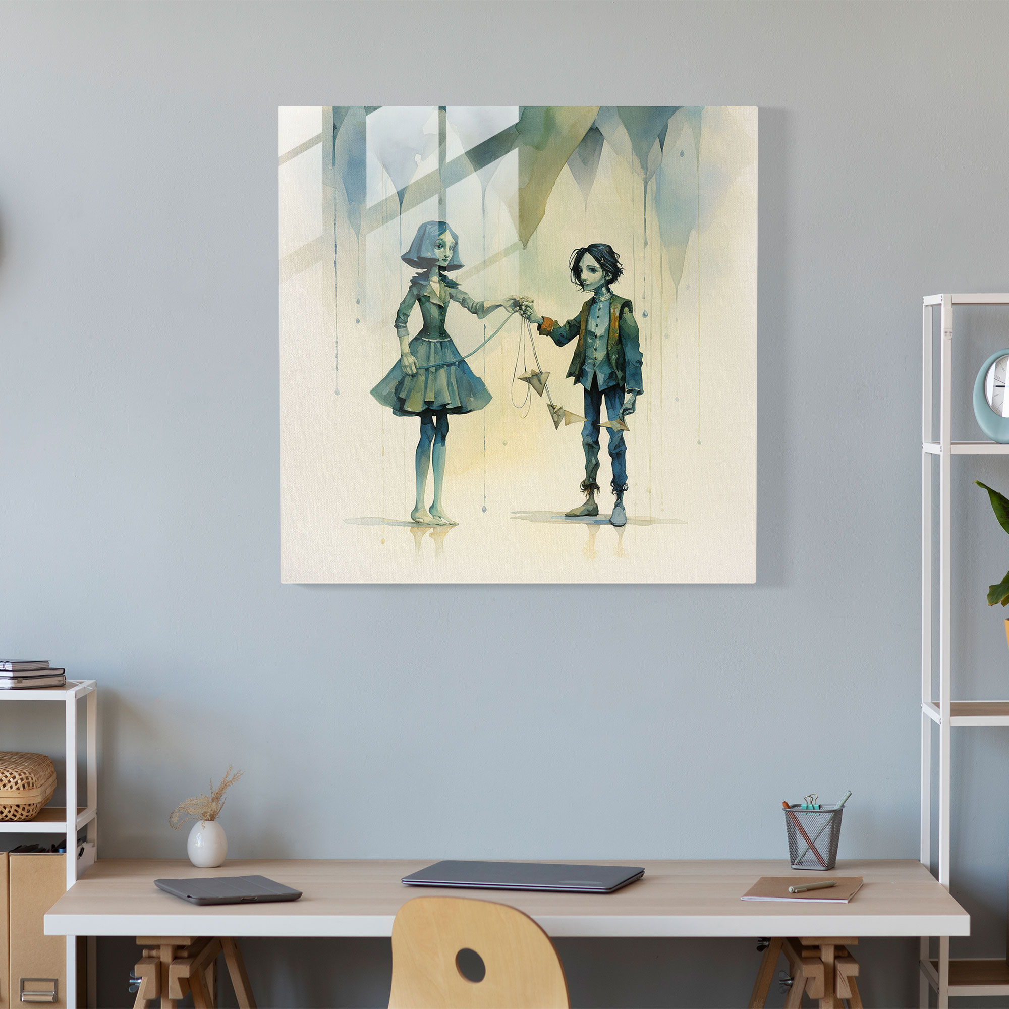 Puppeteer's Enchantment Glass Print - Puppet, Marionette, Glass Art, Modern Art