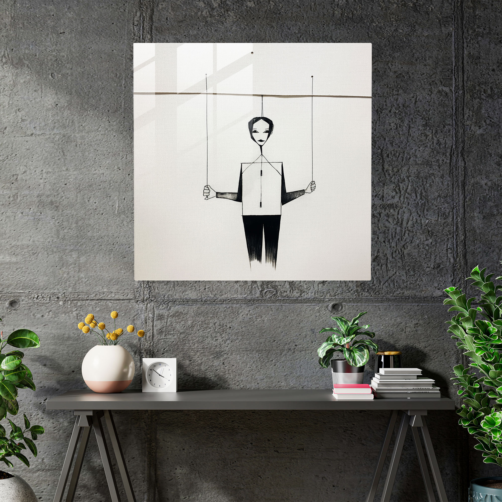 Simplistic Marionette Glass Print - Puppet, Wall Decoration, Glass Print, Modern Art
