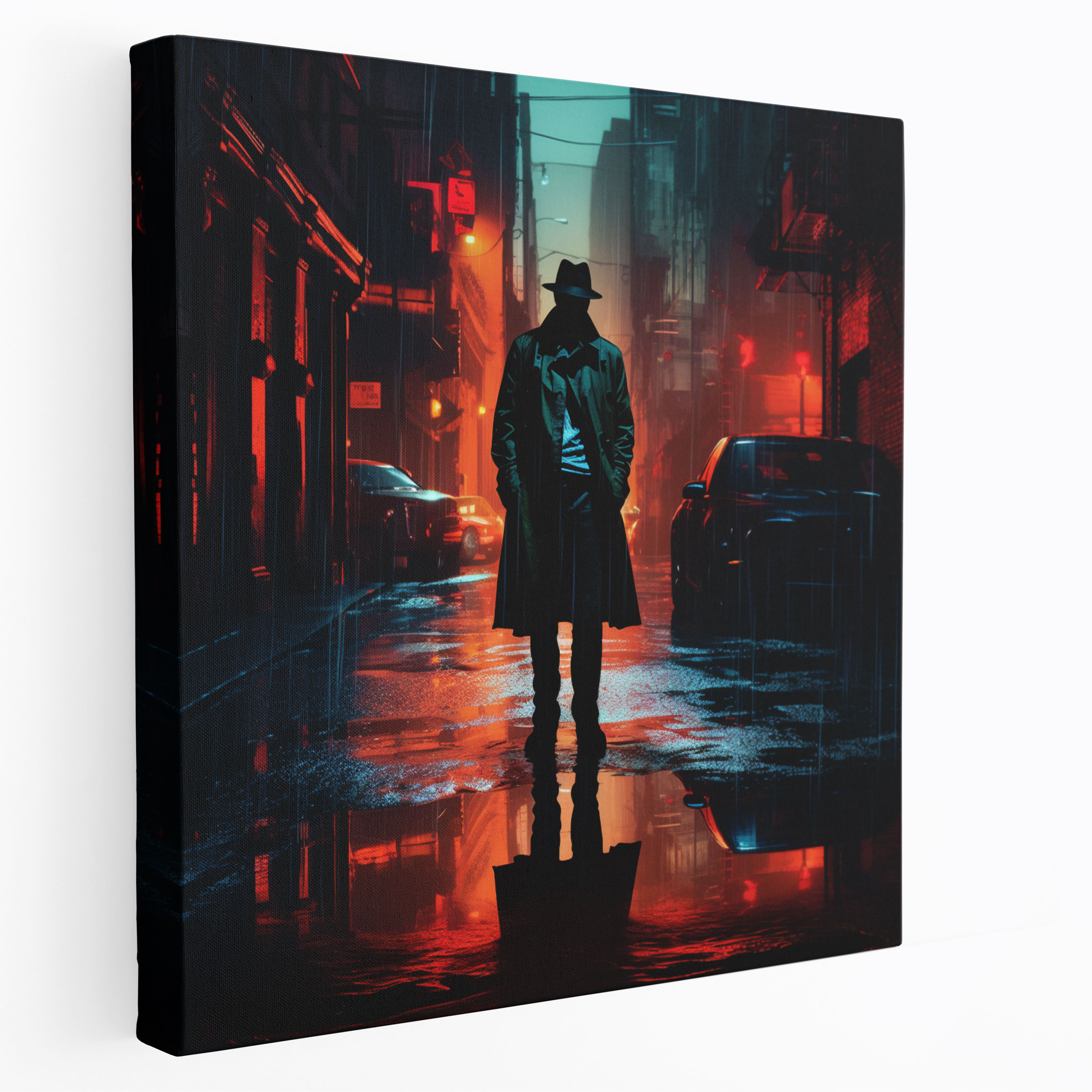 Pulp Fiction Canvastan Baskı - Neon Noir Dedektif Silueti - Pulp Fiction Öz Neon Noir Görsel Olarak Çarpıcı Kontrast