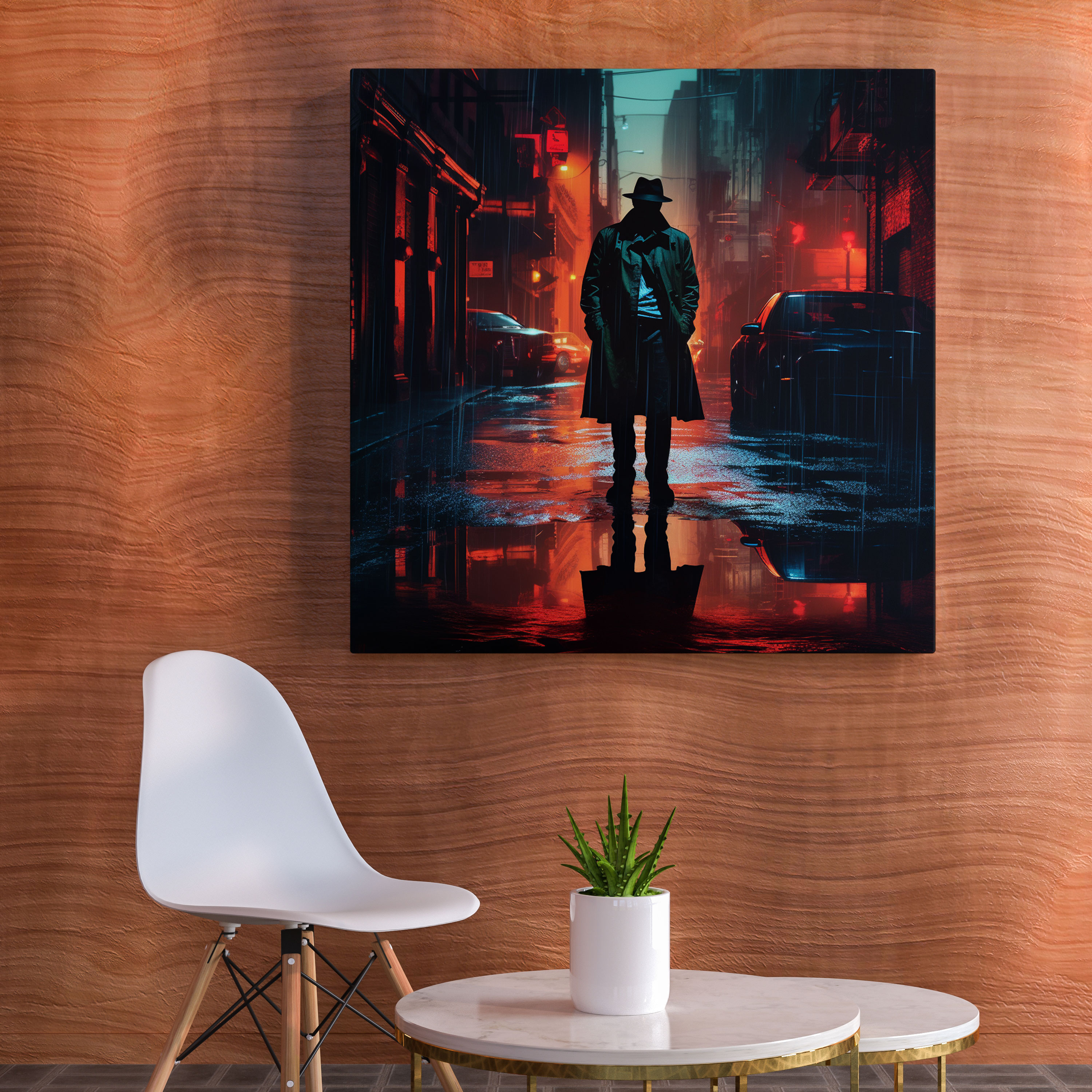 Pulp Fiction Canvastan Baskı - Neon Noir Dedektif Silueti - Pulp Fiction Öz Neon Noir Görsel Olarak Çarpıcı Kontrast