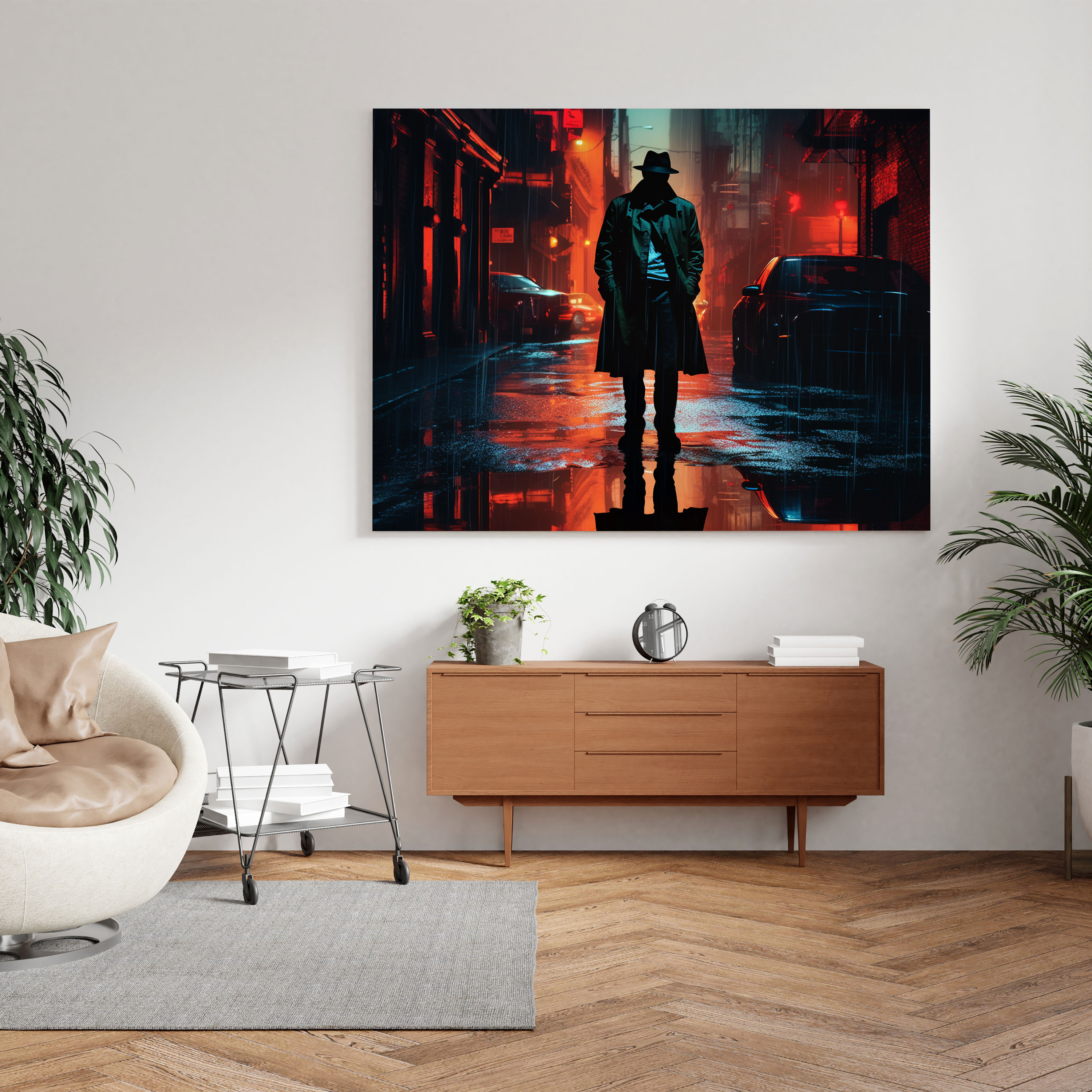 Pulp Fiction Canvastan Baskı - Neon Noir Dedektif Silueti - Pulp Fiction Öz Neon Noir Görsel Olarak Çarpıcı Kontrast