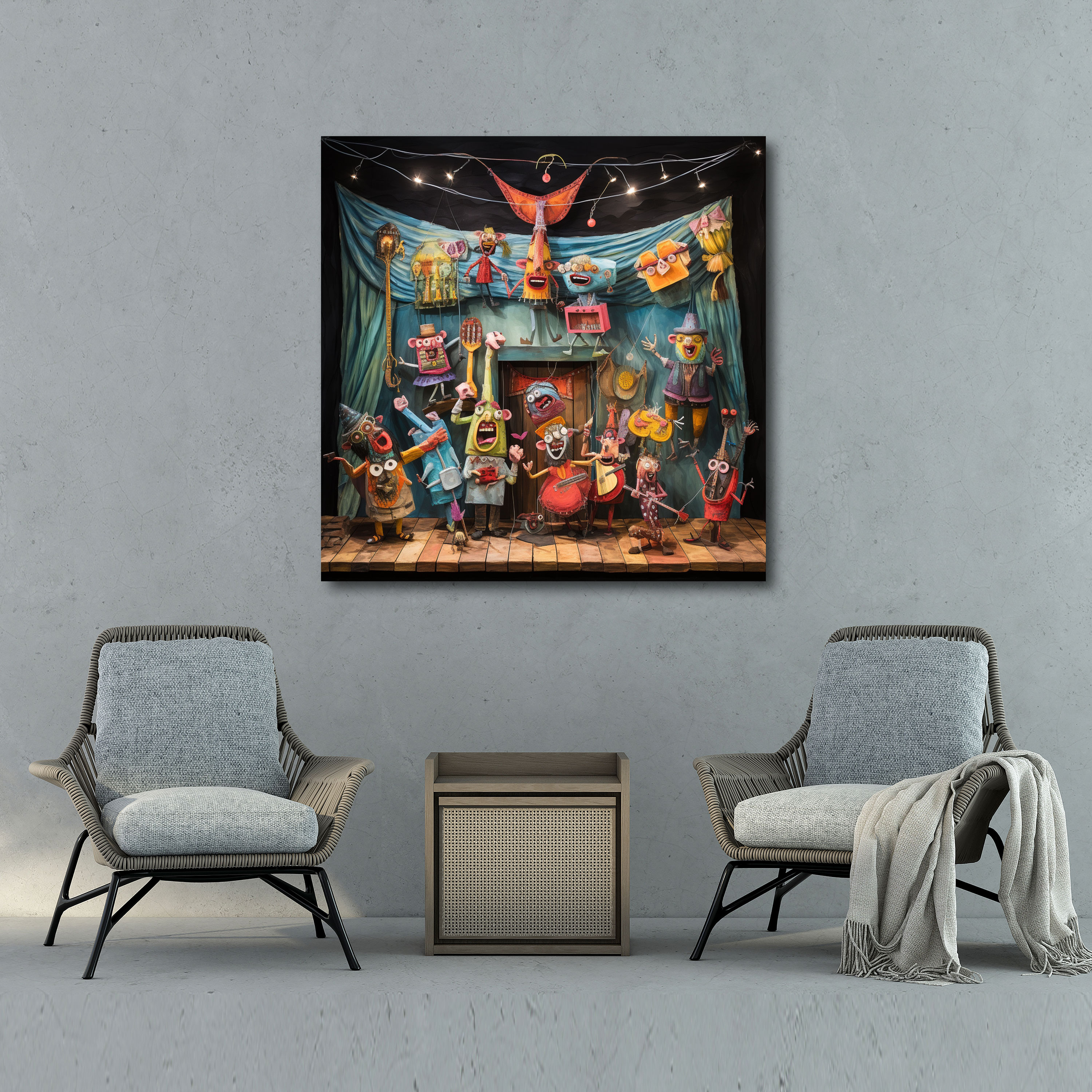 Colorful Puppet Performance Wall Art - Puppet, Vibrant, Whimsical, Performing
